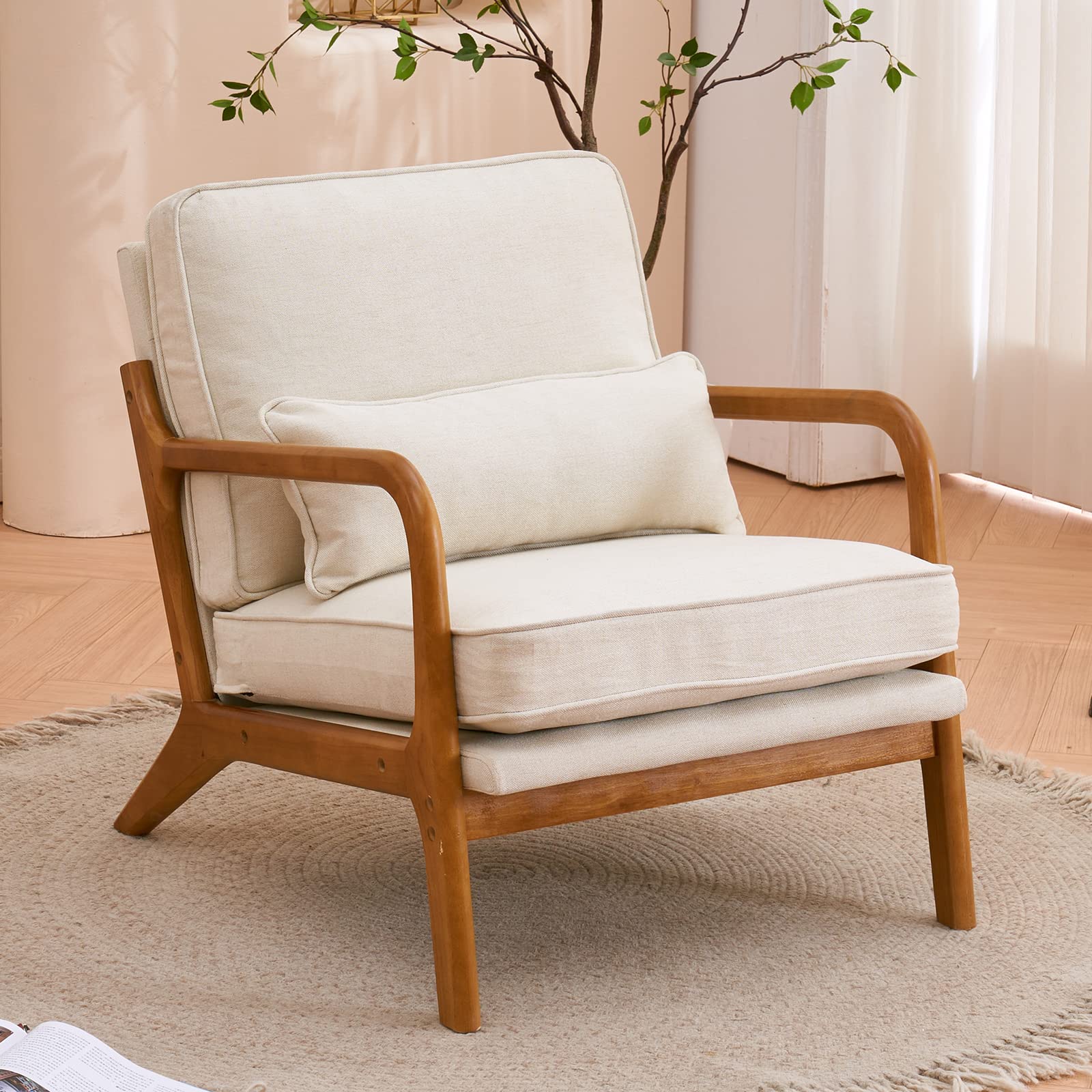 VINGLI Modern Accent Chairs Set of 2 - Beige Linen Upholstered Mid Century Lounge Chairs with Wooden Legs for Living Room, Bedroom or Office - Comfortable Reading Armchair for Small Spaces & Cozy Home Decor