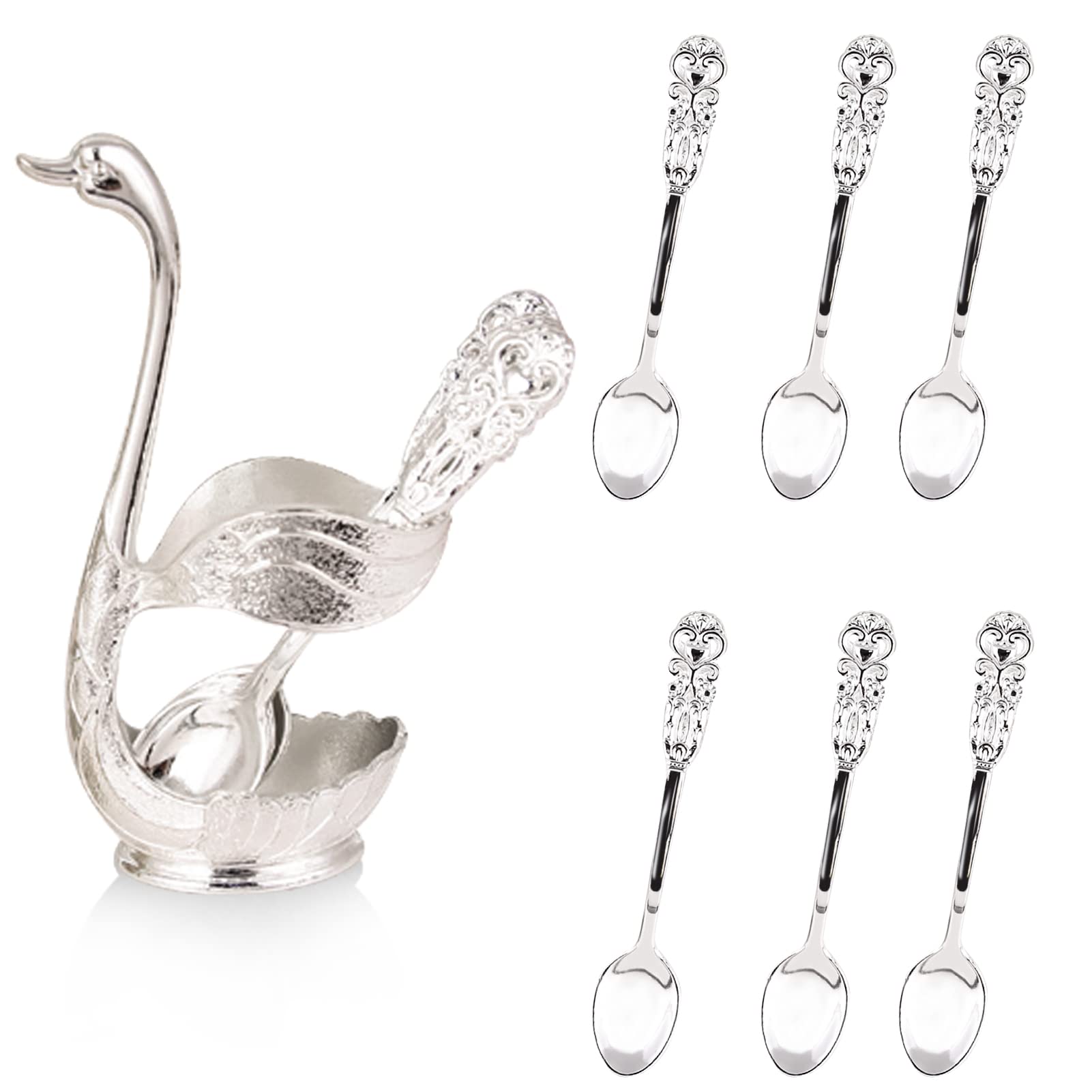 Elegant Silver Swan Dessert Spoon Holder with 6 Spoons Set - Swan Base Coffee & Tea Spoon Organizer - Perfect for Desserts, Ice Cream, Cakes & Tableware Display - Stylish Flatware Set for Home & Party Use (Silver)