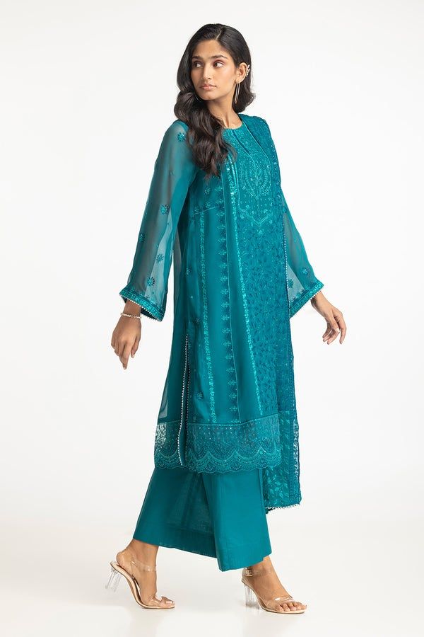 Gul Ahmed Blue Embroidered Chiffon Suit for Women - Elegant Party Wear & Wedding Guest Outfit