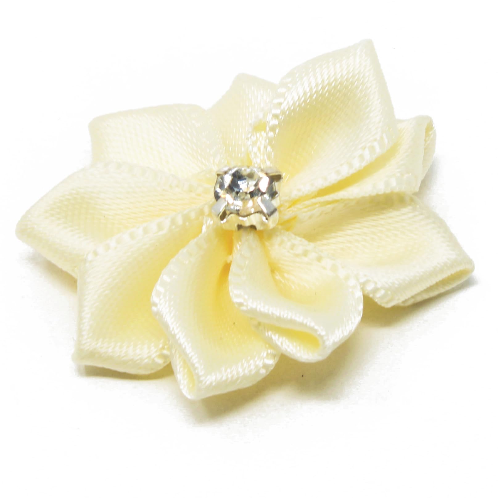 25mm Ivory Satin Ribbon Flowers with Rhinestone Center - Pack of 25 for DIY Crafts, Wedding Decorations, Hair Accessories & Gift Wrapping