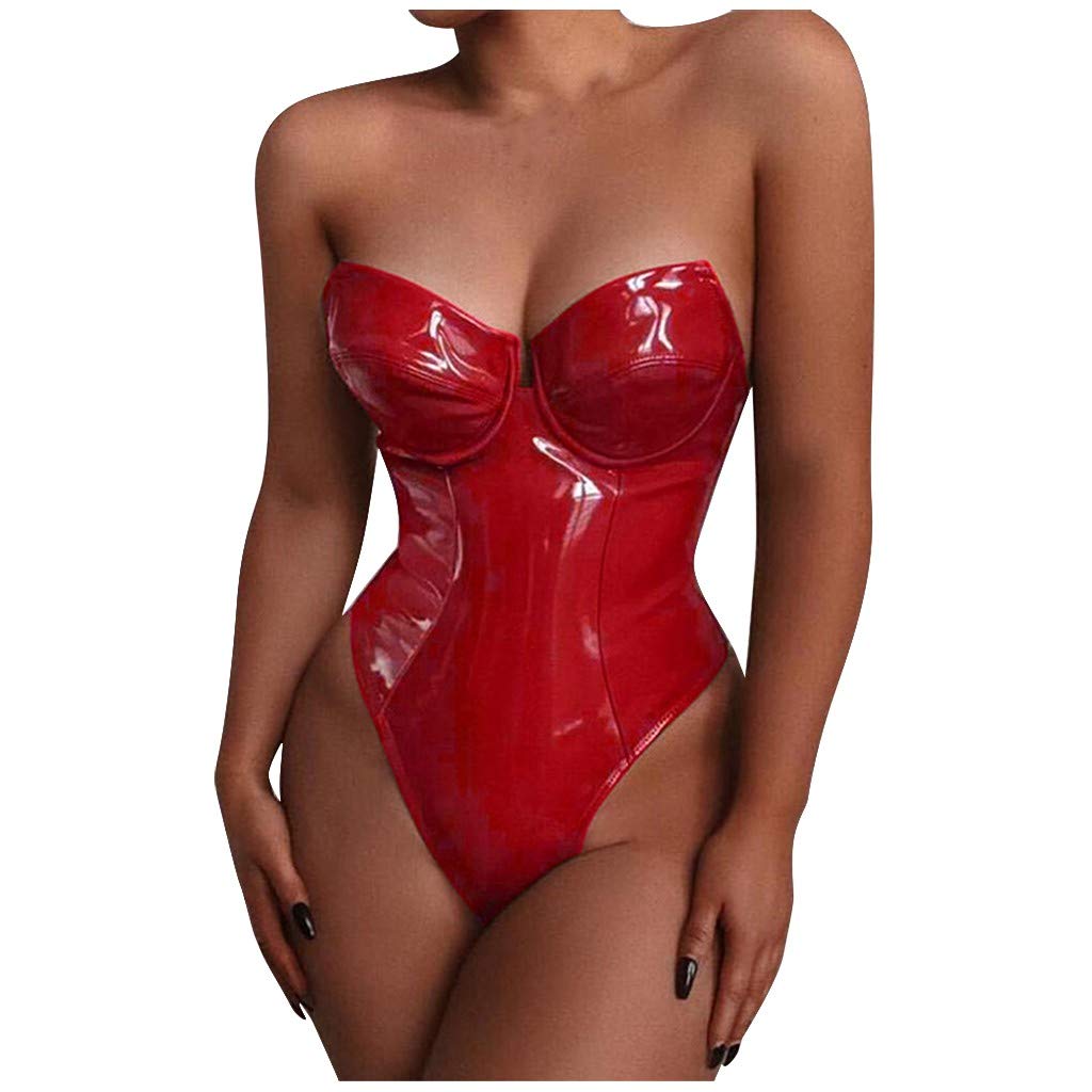 Sexy Leather Jumpsuit Bodysuit Teddy Lingerie for Women - Red XXXL Sleepwear & Underwear for Date Night, Boudoir, and Special Occasions