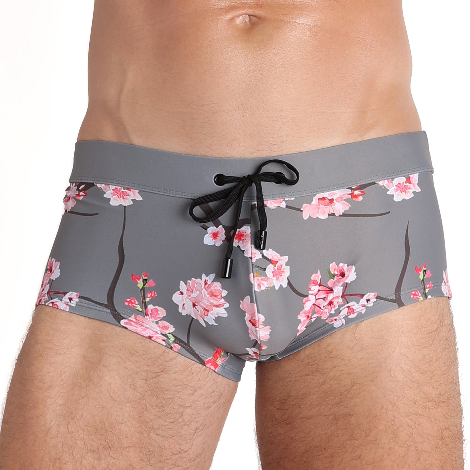Men's Quick-Dry Cherry Blossom Print Swim Trunks - Lightweight Beach Shorts for Swimming, Surfing & Summer Vacation | Grey Floral Design