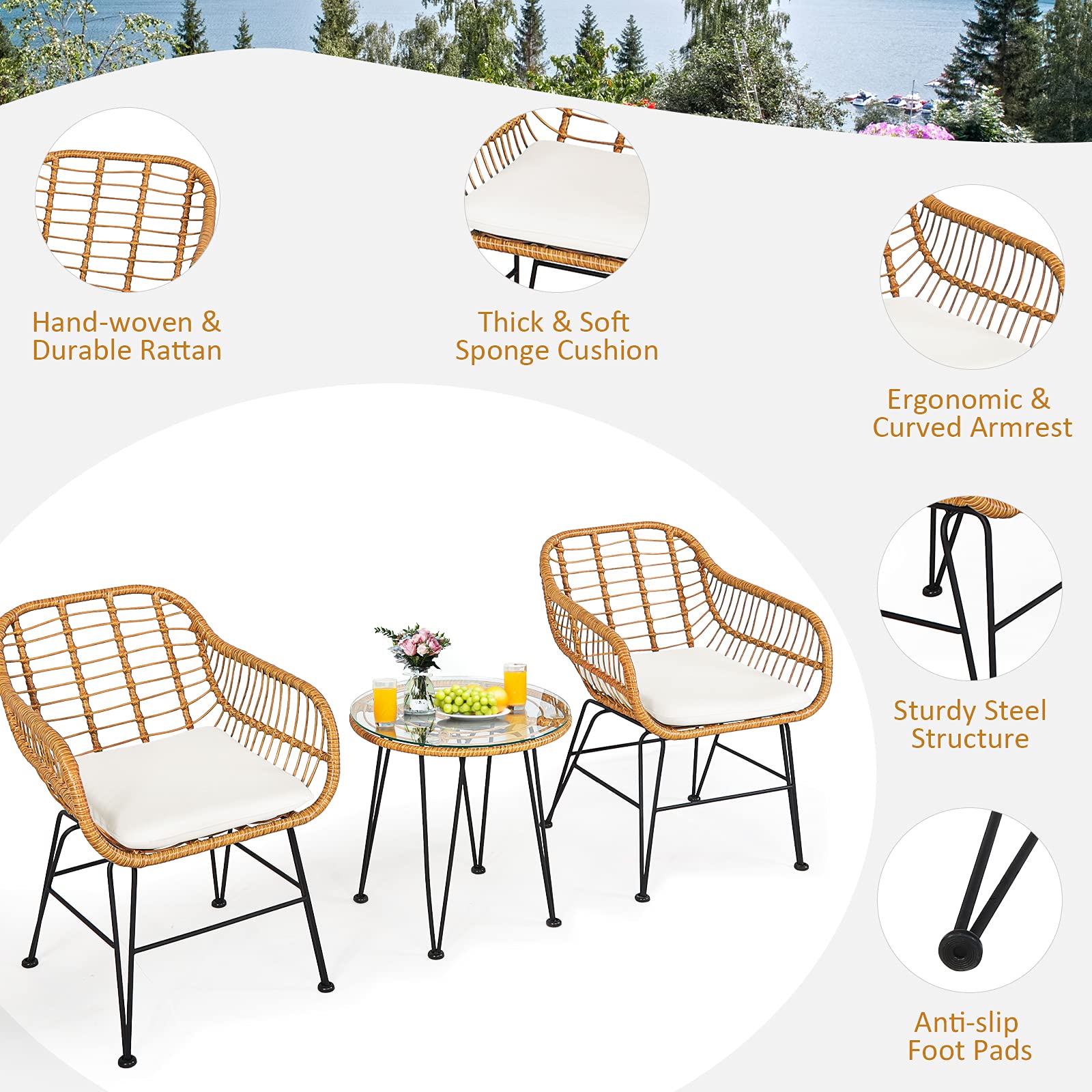 Tangkula 3-Piece Patio Bistro Set - Rattan Wicker Conversation Set with 2 Cushioned Armchairs & Round Glass Coffee Table - Indoor Outdoor Furniture for Balcony, Backyard, Garden, Poolside - Perfect for Relaxing, Entertaining, and Outdoor Dining