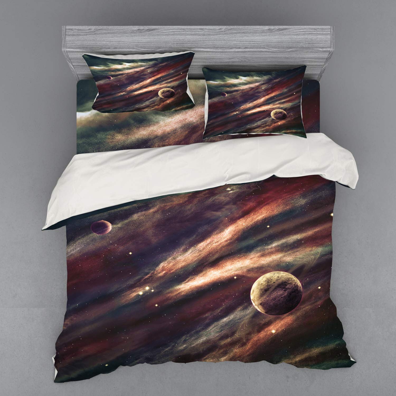 Ambesonne Outer Space Bedding Set - King Size 4-Piece Duvet Cover with Shams & Fitted Sheet | Planets, Nebula & Galaxy Star Print in Dried Rose Ivory | Perfect for Astronomy Lovers & Sci-Fi Themed Bedrooms