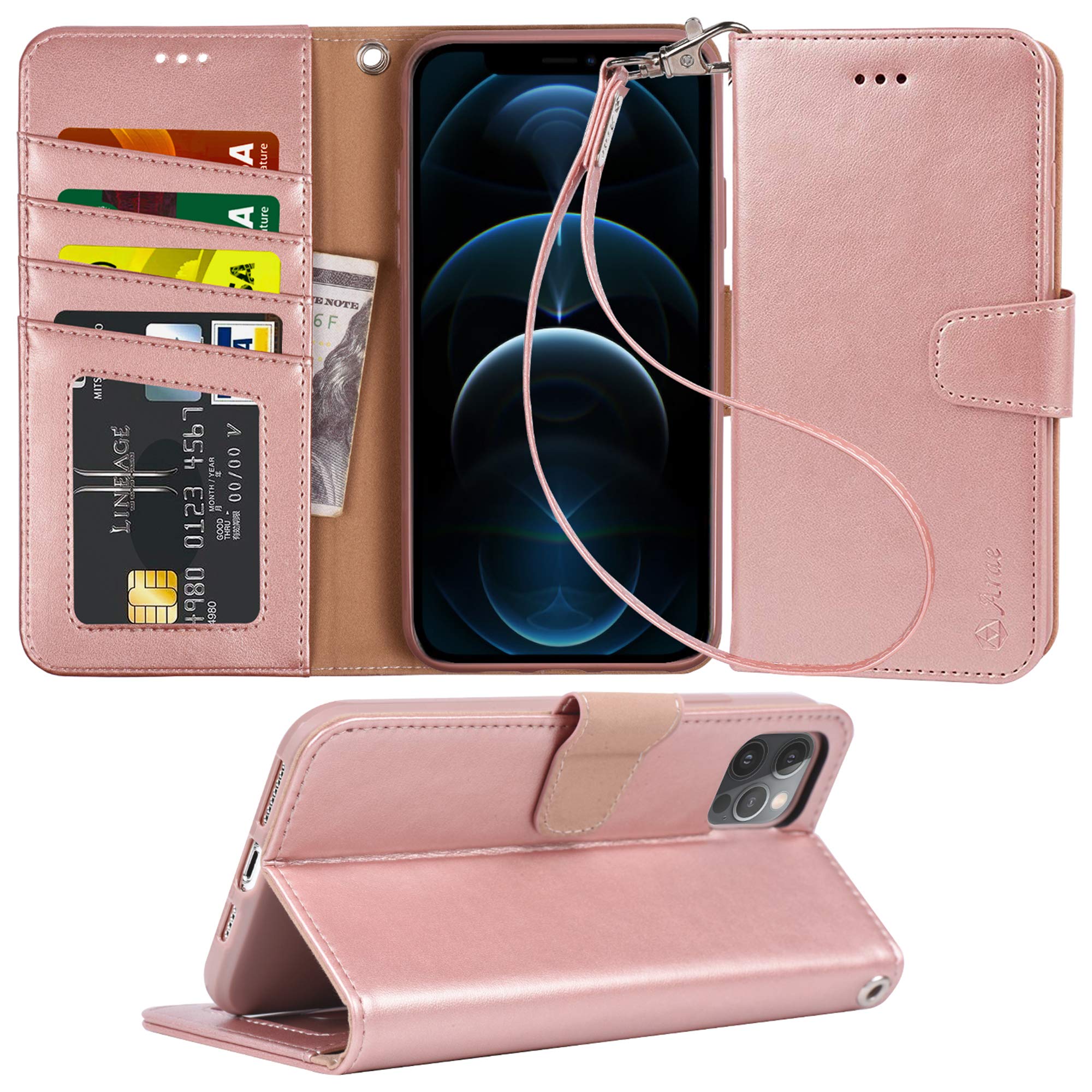 Arae iPhone 12 Pro Max Wallet Case (6.7 inch) - Premium Flip Cover with Card Holder & Wrist Strap - Rose Gold | Perfect for Everyday Use, Travel & Hands-Free Convenience