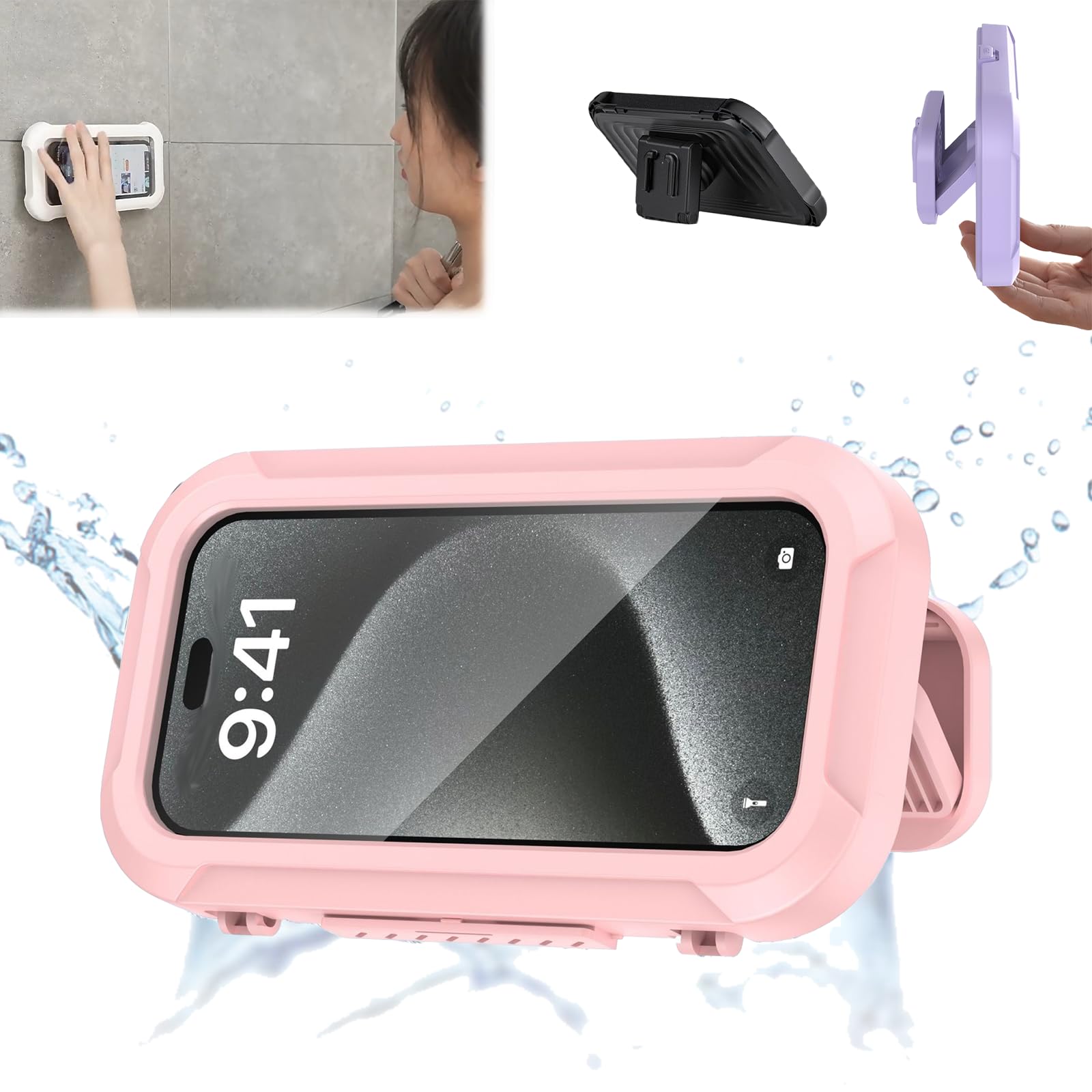 Showersafe Zencey Waterproof Shower Phone Holder - No Punch Wall Mount, 360° Rotatable & Retractable Shower Phone Case (7.75x4.45in) for iPhone/Samsung - Perfect for Bathroom, Pool & Beach Use (Pink)