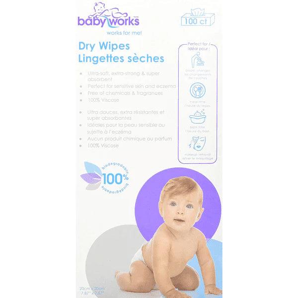 Baby Works Dry Wipes - 100 Count | Ultra Soft & Hypoallergenic Baby Wipes for Diaper Changes, Face Cleaning & On-the-Go Care