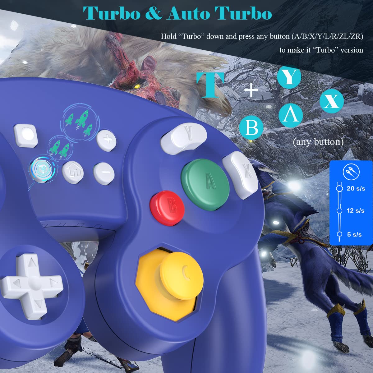 EXLENE Wireless Gamecube Controller for Nintendo Switch/Lite/PC/Android/iOS/Steam - Pro Controller with Wake Up, Motion Control, Adjustable Vibration, Turbo & Auto Turbo (Upgraded Blue) - Perfect for Gaming, Streaming & Multiplayer Sessions