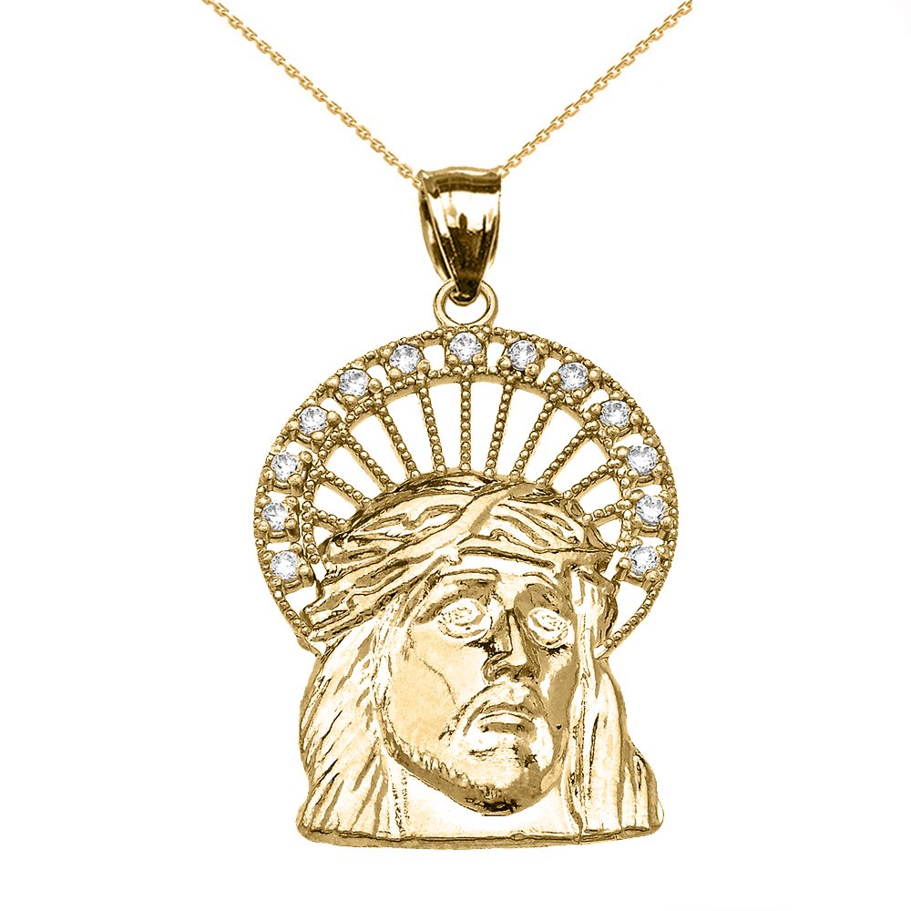 14K Yellow Gold Diamond Halo Jesus Pendant Necklace for Women - Religious Jewelry Gift for Baptism, First Communion & Everyday Faith Wear