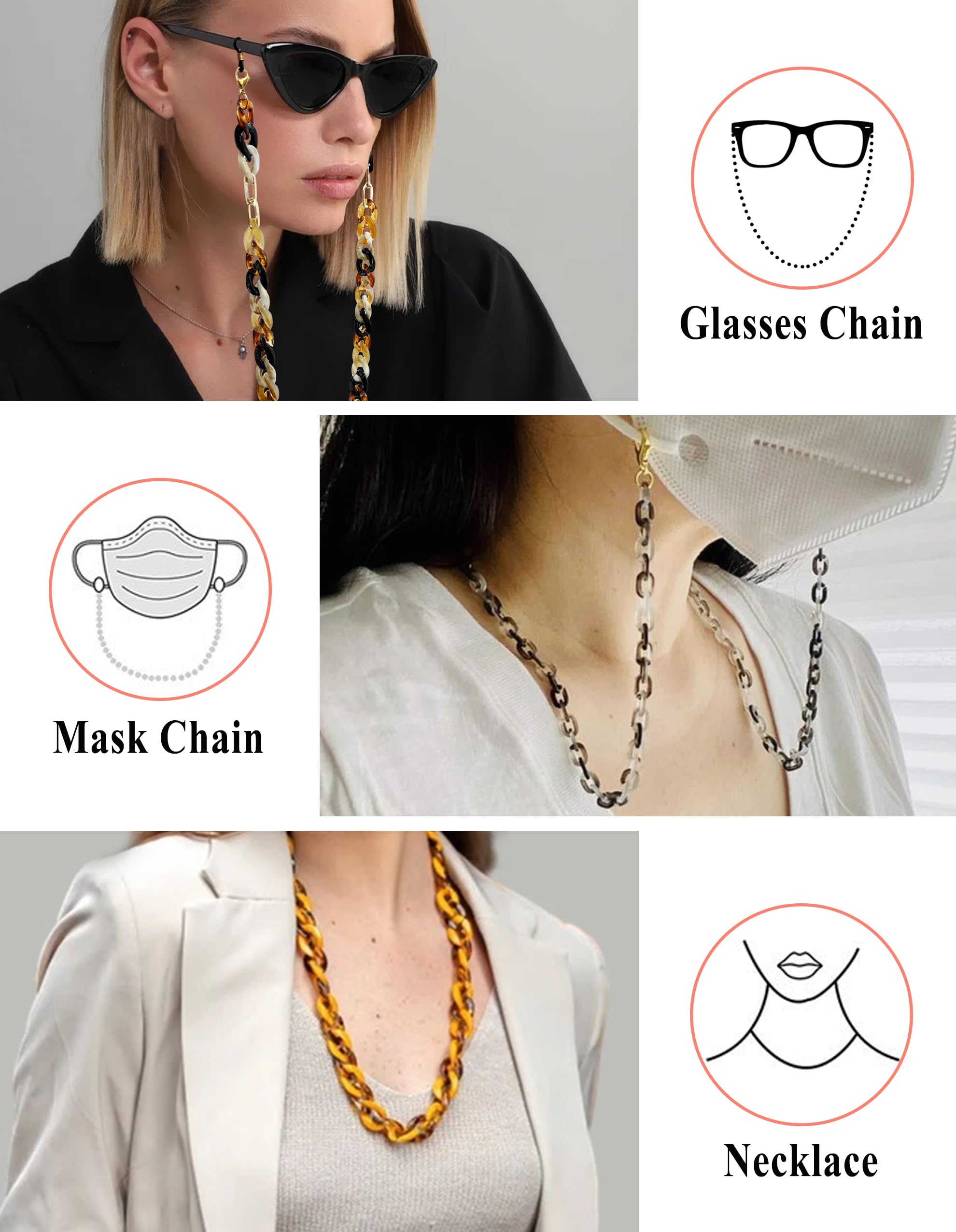 Stylish Acrylic Eyeglass Chain for Women - Fashionable Necklace-Style Glasses Holder - Perfect for Reading, Work, and Everyday Use