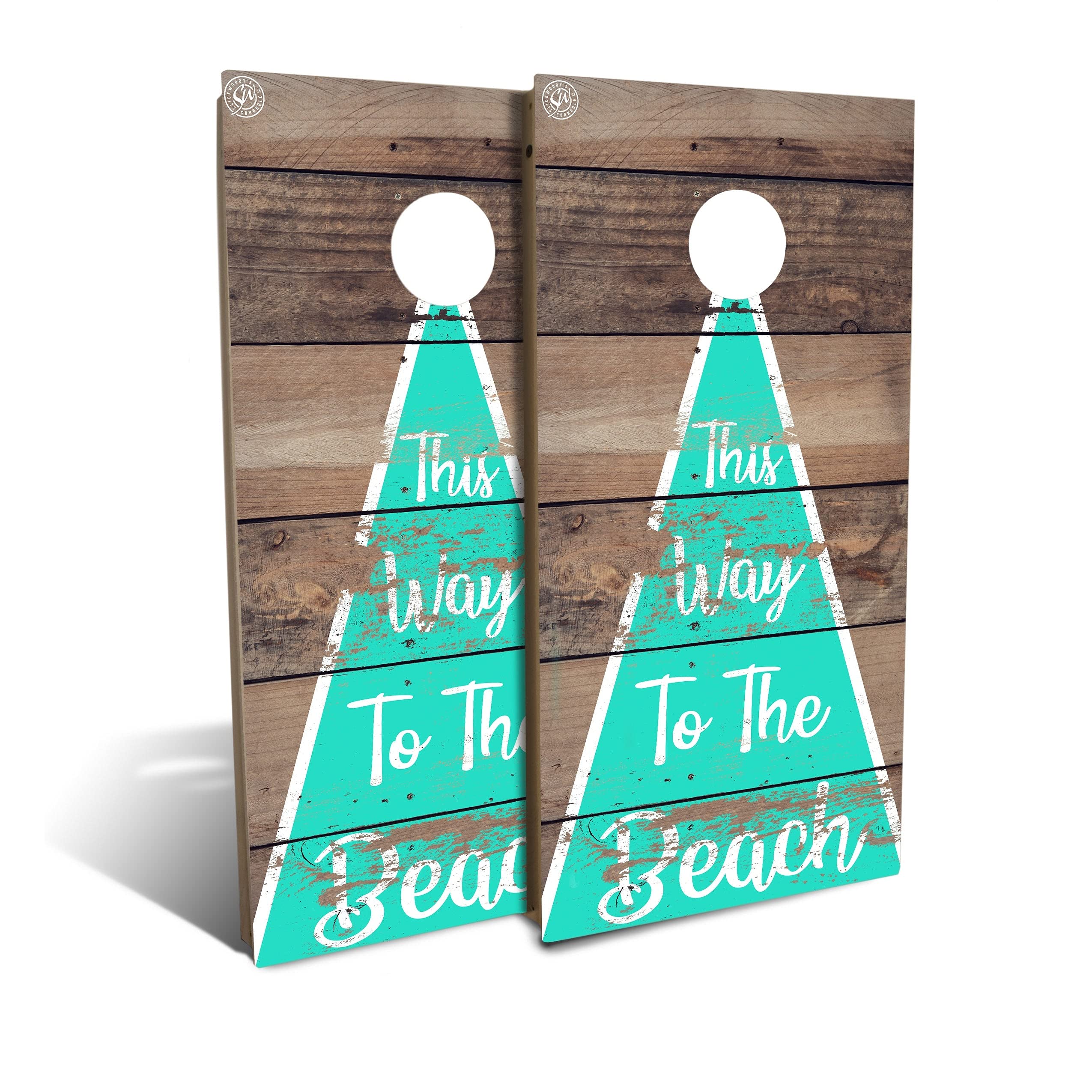 Premium This Way to The Beach Cornhole Board Set with 8 Bags - Outdoor Lawn Game for Backyard, Beach Parties & Tailgating