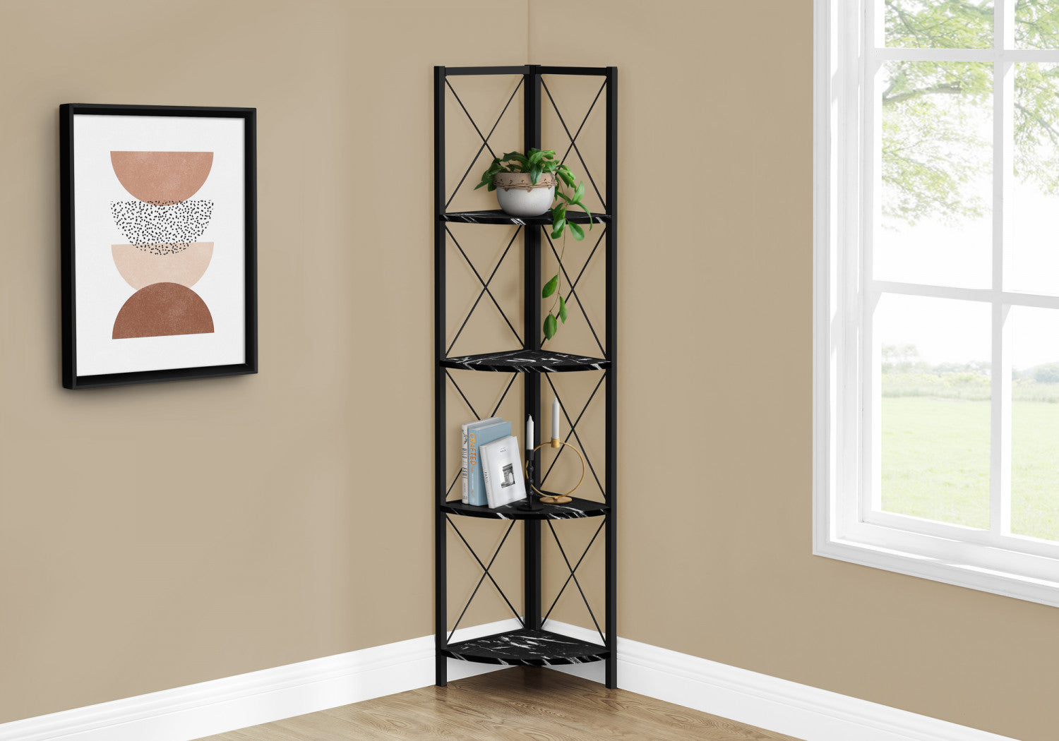 Zeva Modern Bookcase with Marble Top - Black Wooden Bookshelf for Living Room, Office & Bedroom Storage
