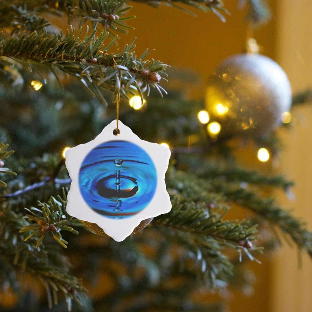 3 Inch Snowflake Porcelain Ornament - Blue Water Droplet Photography Christmas Tree Decoration for Holiday Home Decor & Gift Giving