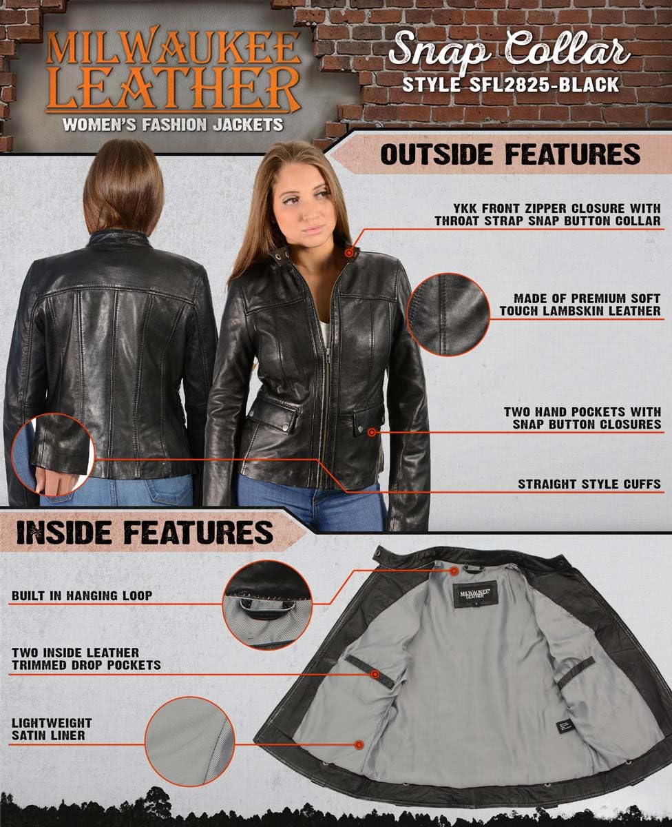 Milwaukee Leather SFL2825 Women's Snap Collar Black Lambskin Leather Jacket | Stylish & Durable Motorcycle Jacket for Riding, Casual Wear & Outdoor Adventures