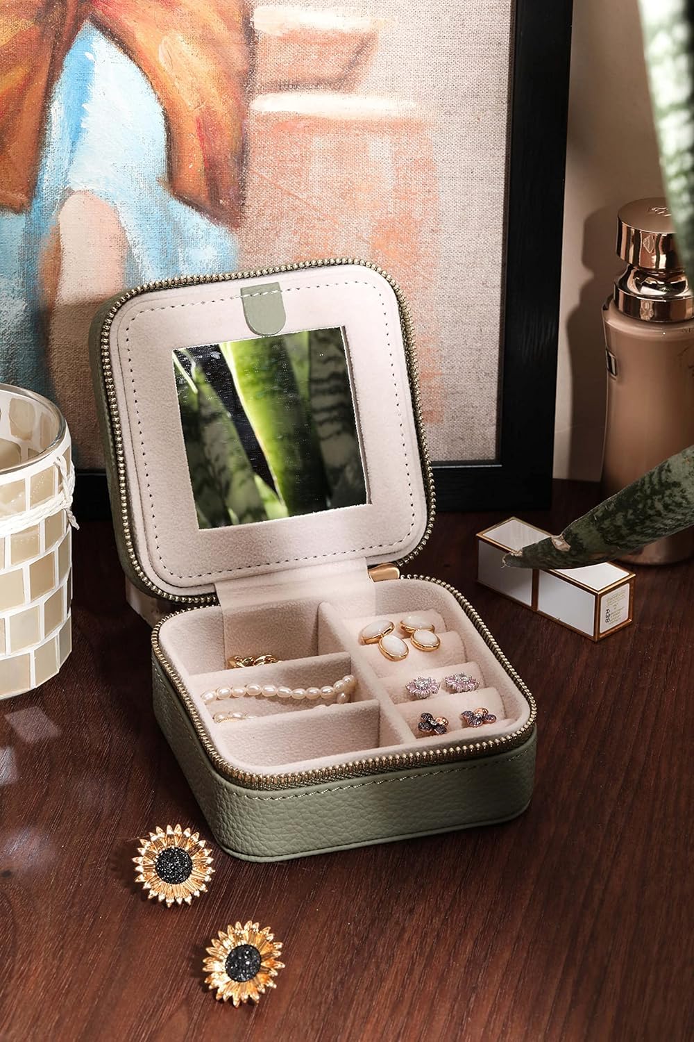 S.Leaf Monogram Travel Jewelry Box for Women - Compact Jewelry Organizer with Initial Letter A, Portable Jewelry Case for Necklaces, Rings & Earrings - Perfect for Travel, Gifts & Daily Storage