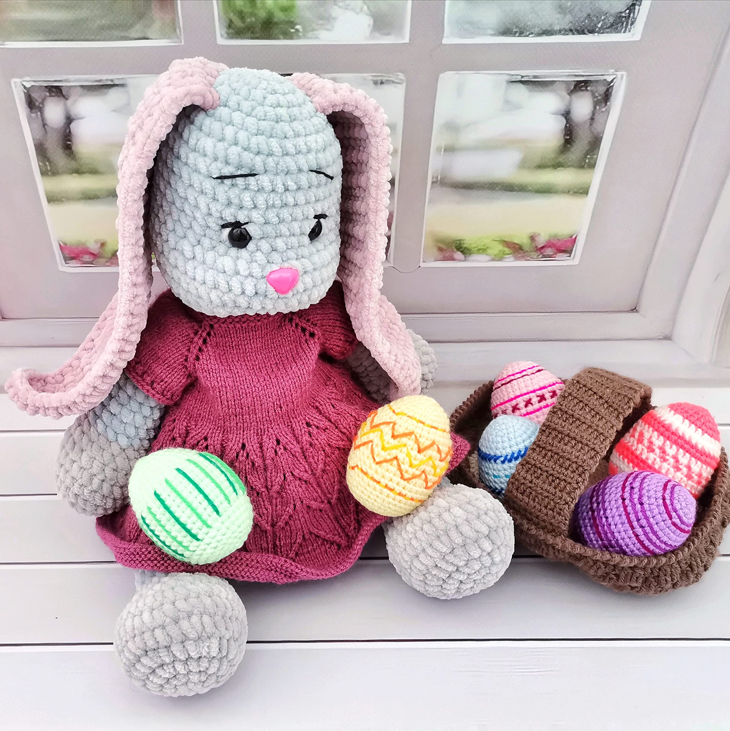 Adorable Pink Ears Bunny Plush Toy & Giant Gray Hare Stuffed Animal - Handmade Crochet Easter Bunny with Basket for Kids, Easter Decorations, Nursery Room Decor, Gift for Baby Shower & Easter Egg Hunt