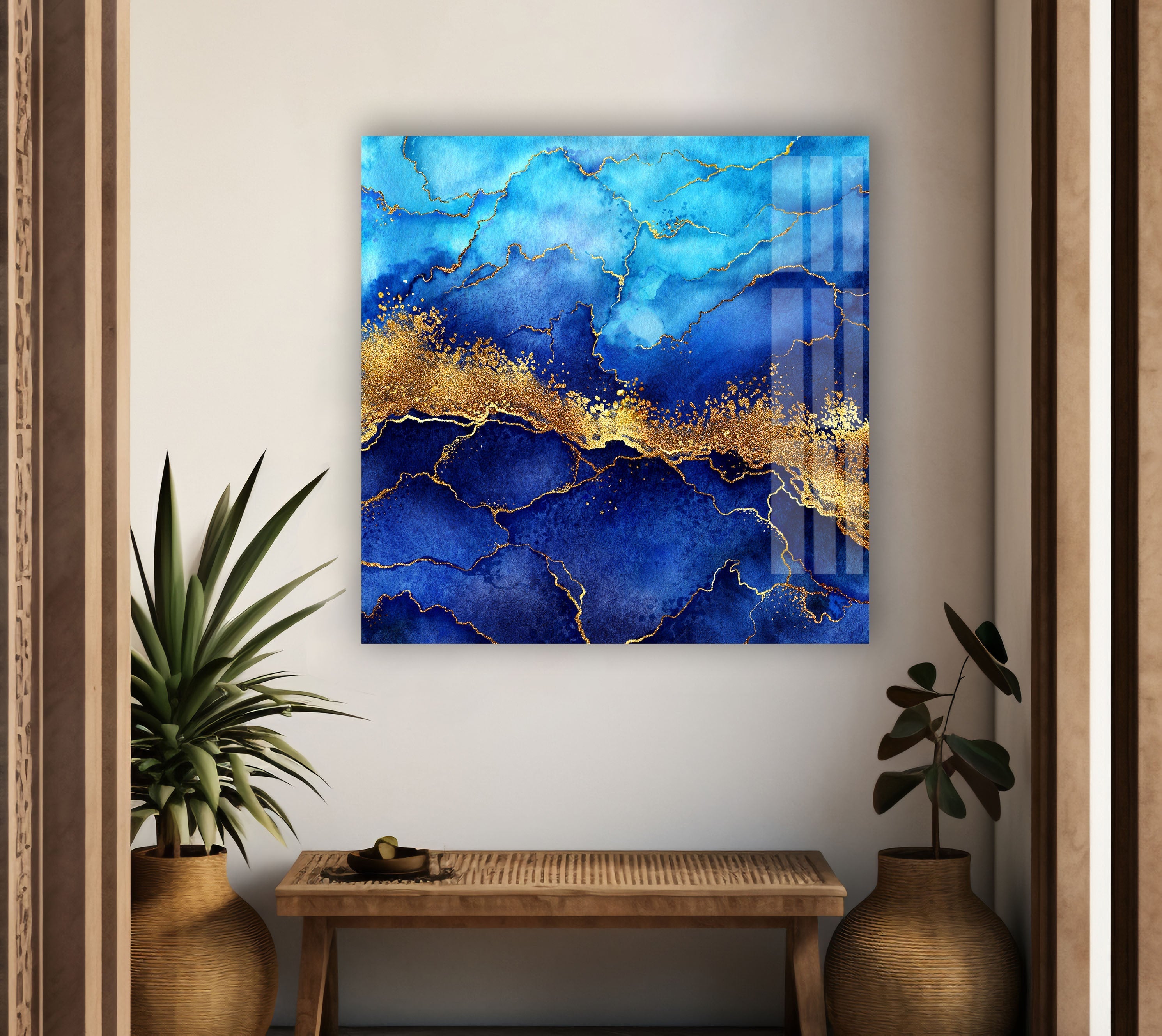 Blue and Gold Abstract Glass Wall Art - Modern Home Decor for Living Room, Bedroom & Office