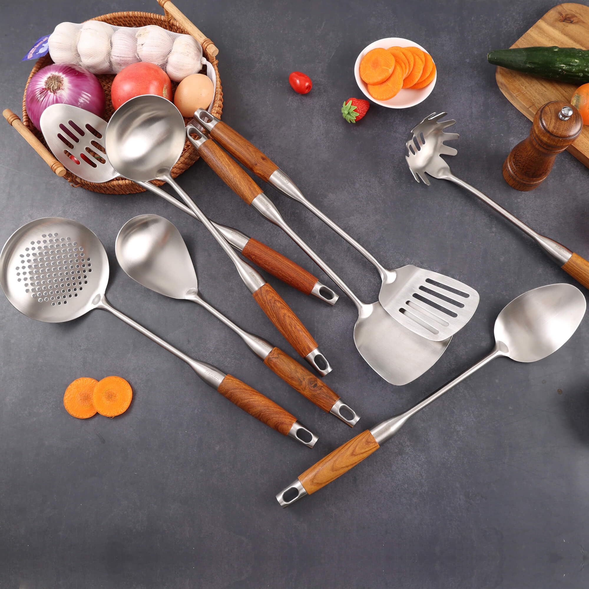 Premium 18/10 Stainless Steel Kitchen Utensil Set with Ergonomic Wood Handle - 8-Piece Cooking Spoons Set (15