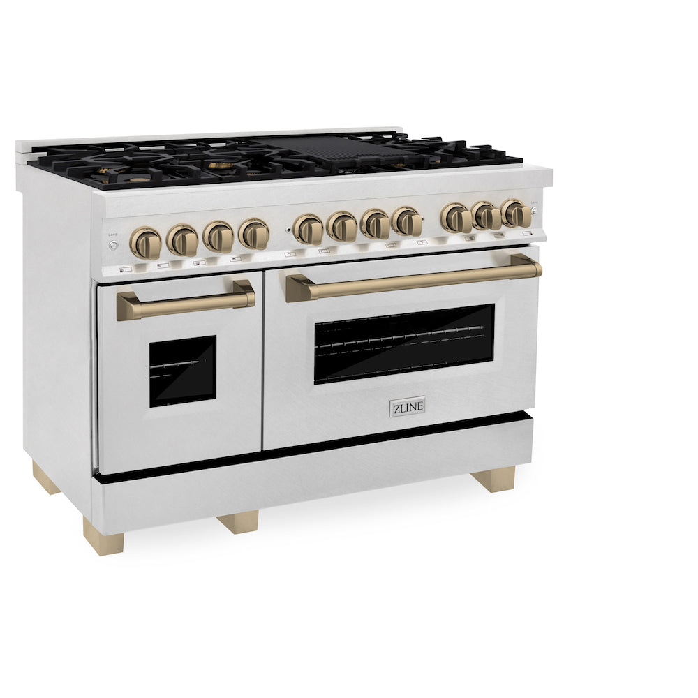 ZLINE Autograph Edition 48-inch 6.0 cu. ft. Dual Fuel Range with 7-Burner Gas Cooktop & 2 Electric Ovens - Satin Stainless Steel with Champagne Bronze Accents (RASZ SN 48 CB) | Professional Kitchen Appliance for Home Chefs & Cooking Enthusiasts