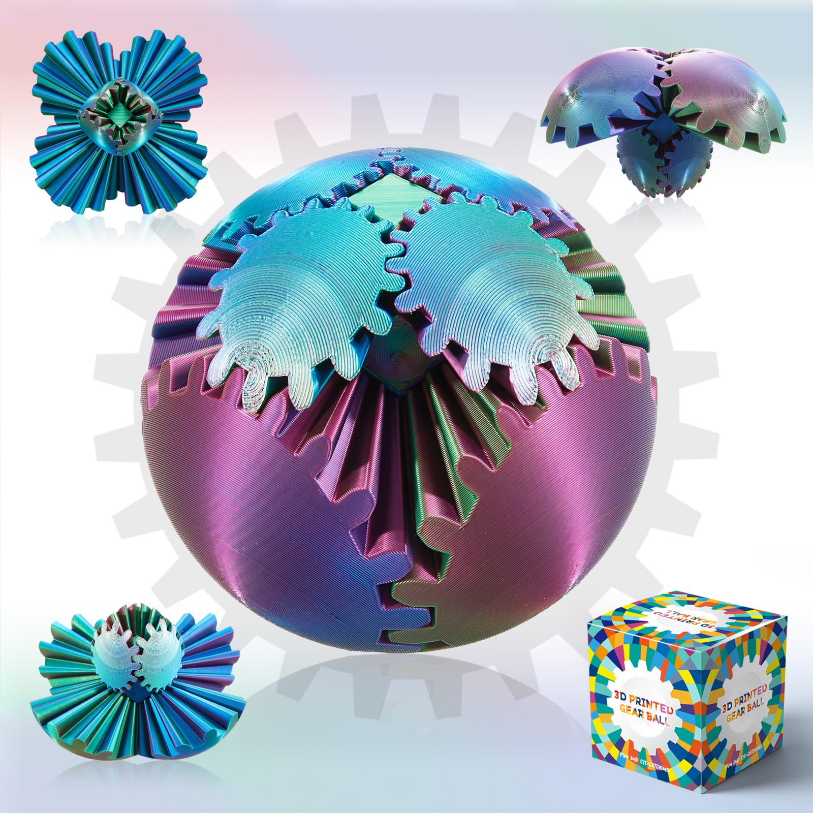 3D Printed Gear Ball - Steampunk Fidget Toy for Adults & Kids, Stress Relief Spin Cube, Red Green Blue - Perfect for Office, Classroom & Travel Anxiety Relief