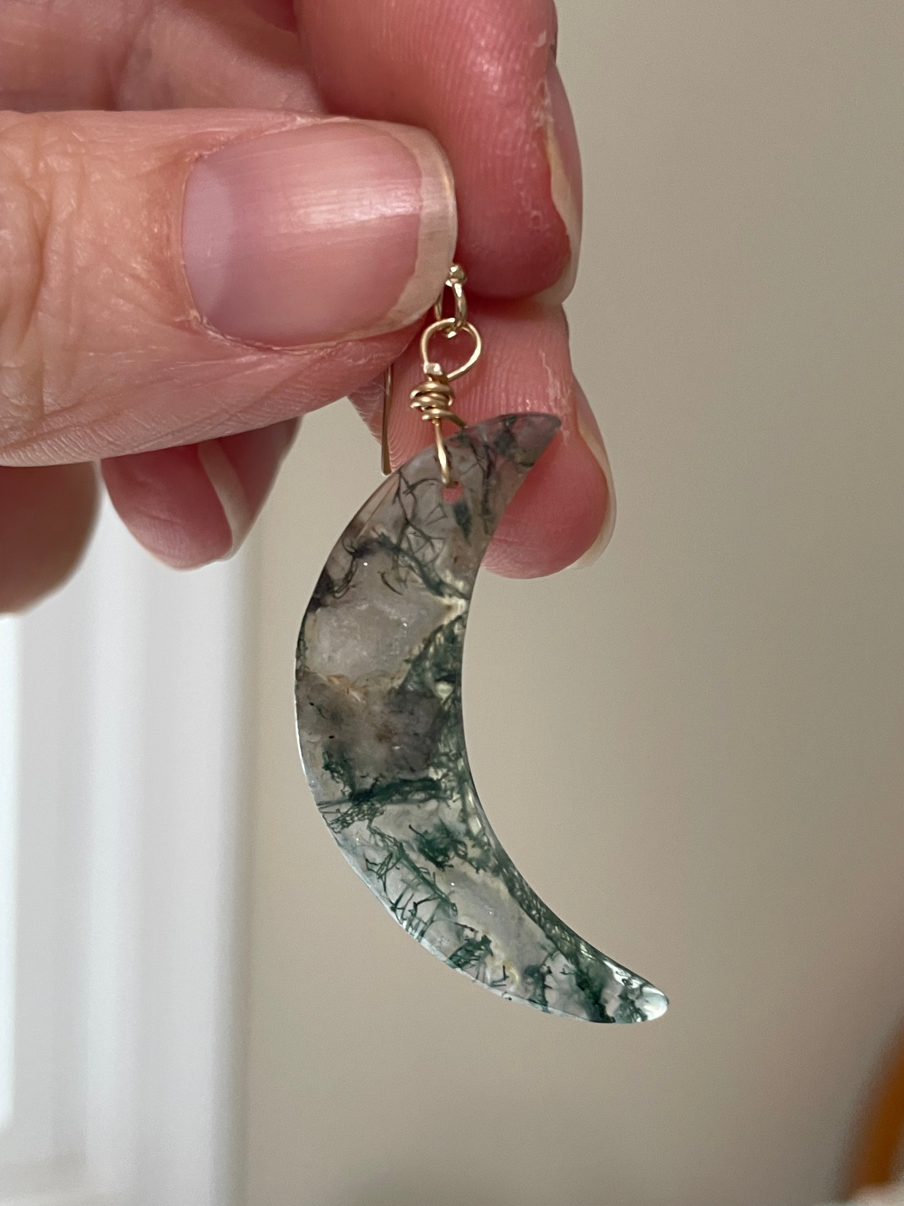 Natural Moss Agate Moon Dangle Earrings - Gold Filled Statement Jewelry for Women - Perfect for Boho, Hippie & Festival Outfits