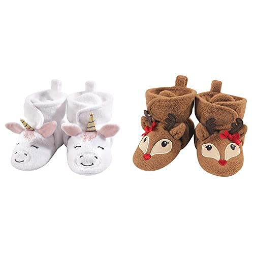 Hudson Baby Fleece Booties 2-Pack - Unicorn & Reindeer for 0-6 Months - Cozy Winter Wear