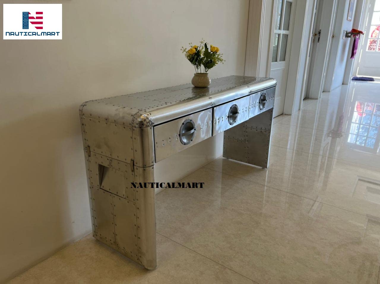 Nautical-Mart Aviator Console Table with 3 Drawers - Modern Bedside Storage Nightstand for Bedroom, Living Room & Office