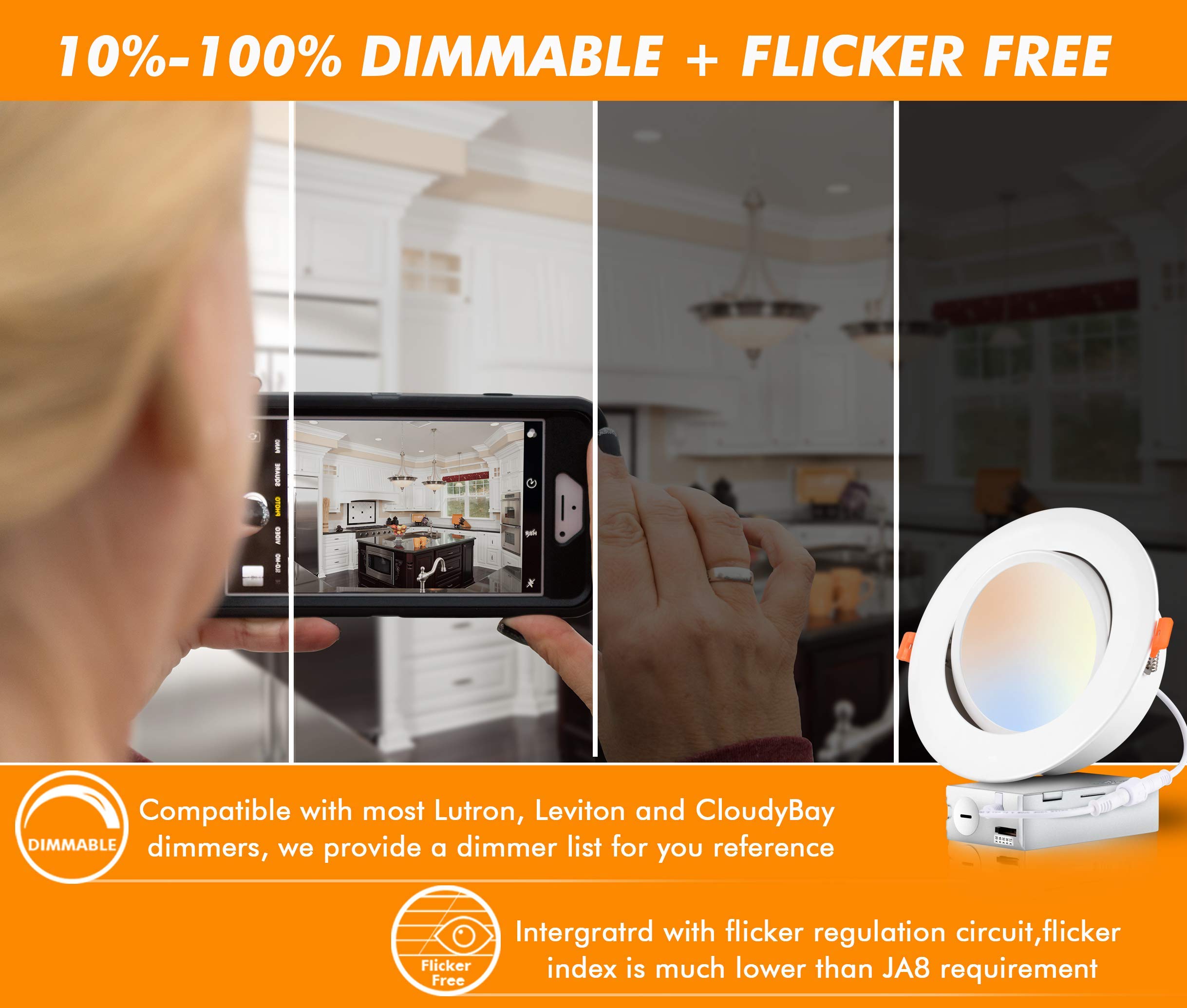 CLOUDY BAY 6 Inch 3-Color Temperature Recessed LED Lights (6 Pack) & 5-Color Adjustable Gimbal Recessed Lights (4 Pack) Combo - Perfect for Living Room, Bedroom, and Kitchen Lighting