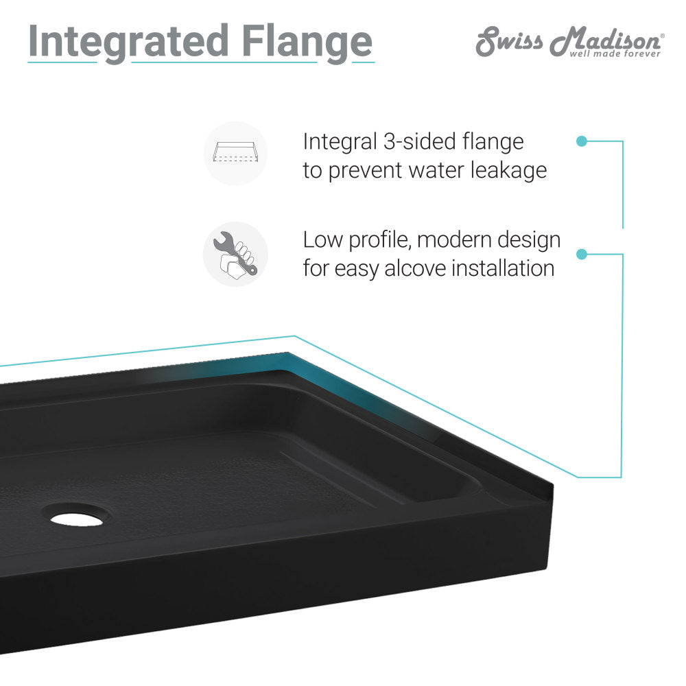 Voltaire 48 x 32 Inch Acrylic Shower Base with Single Threshold and Center Drain - Durable Black Shower Pan for Bathroom Remodeling, Perfect for Modern Home Upgrades
