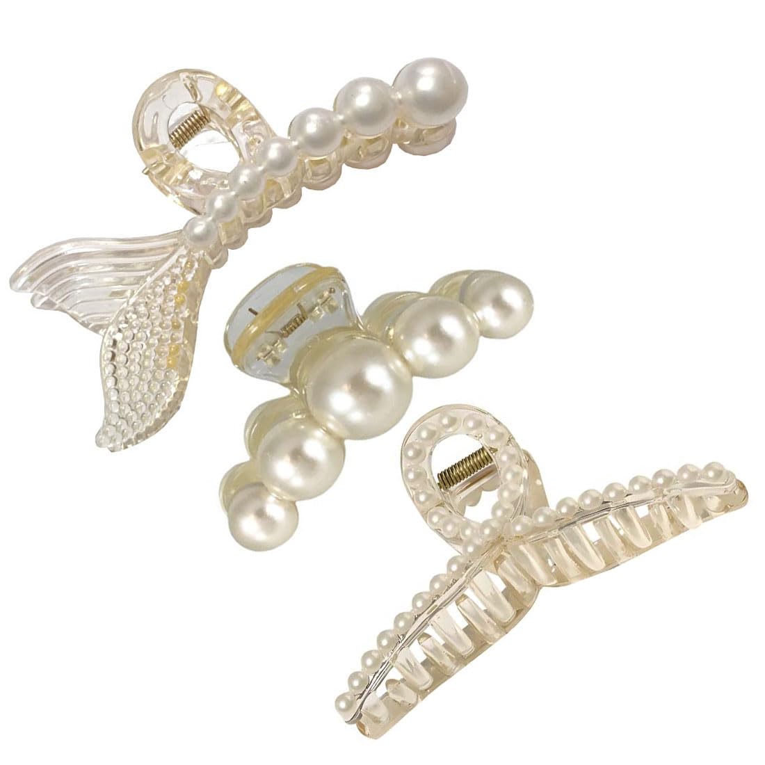 DENICRAAS Pearl Hair Claw Clips - Strong Hold Non-Slip Hair Clips for Women, Champagne Color Hair Jaw Clips for Thick & Thin Hair - Perfect for Daily Use, Birthday Gifts & Special Occasions