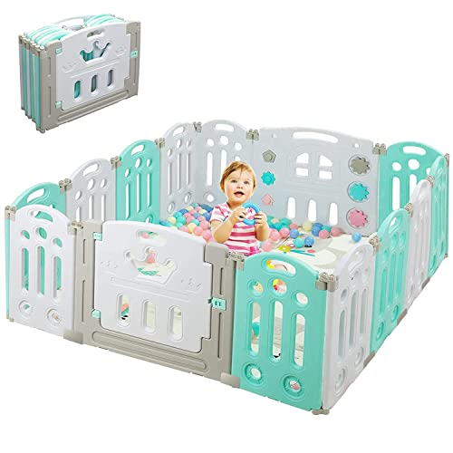 Upgraded 14-Panel Baby Playpen with Mat - Foldable Safety Play Yard for Babies & Toddlers | Large Baby Fence with Gate | Green & White Design | Perfect for Indoor Play Areas, Daycare & Home Safety