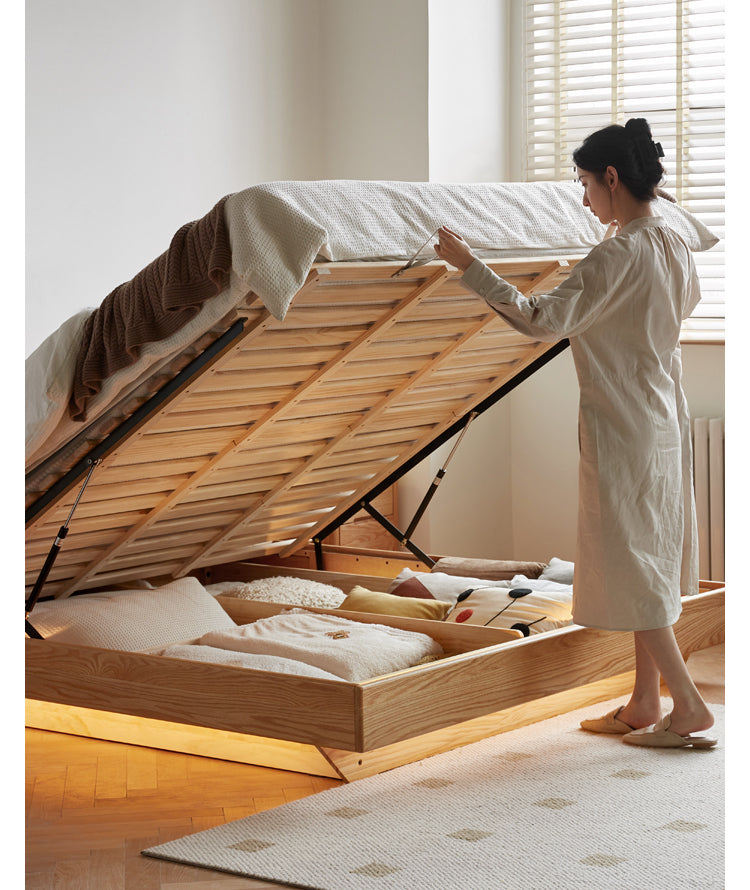 Solid Oak & Black Walnut Wood Floating Platform Bed with LED Lighting - Modern Bedroom Furniture for Contemporary Home Decor