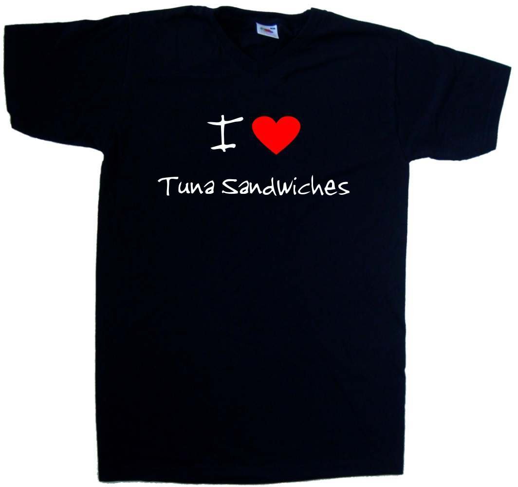 I Love Heart Tuna Sandwiches Black V-Neck T-Shirt for Women - Funny Food Lover Graphic Tee for Casual Wear & Gift Giving