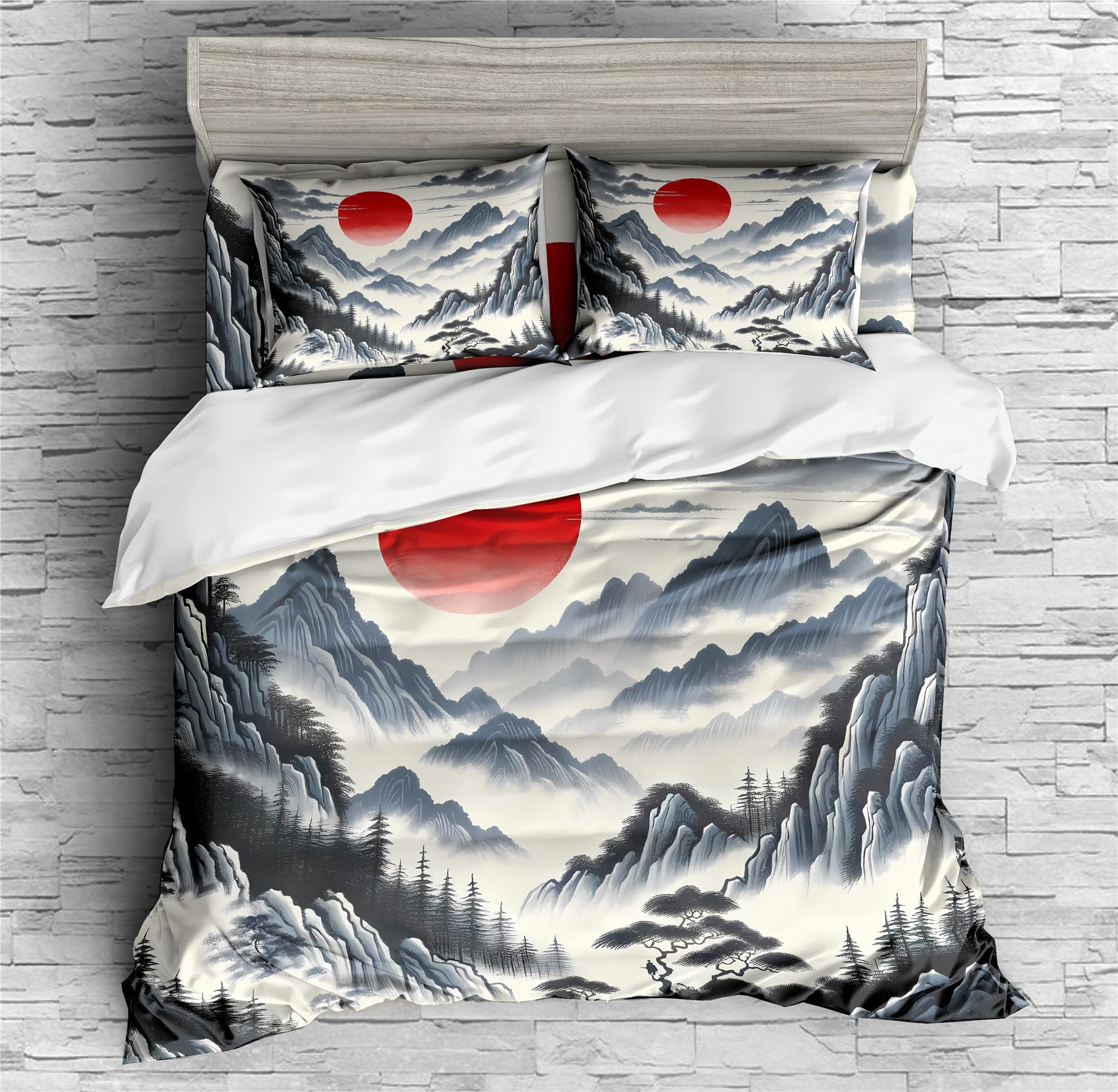 REALIN Hawthorn Bedding 3D Duvet Cover Set - Japan Forest Mountain River Design - 2/3/4PCS Quilt Cover with Sheets & Pillow Shams - Twin/Full/Queen/King Size (King-229x259cm-4PCS, Blue) - Perfect for Cozy Bedrooms, Guest Rooms & Vacation Homes