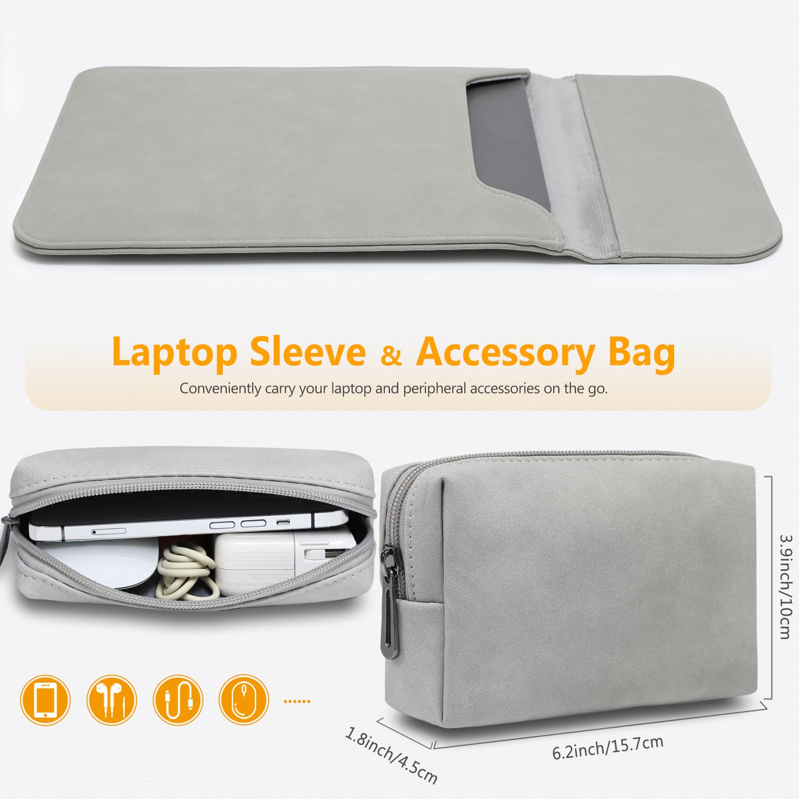 Premium 15-16 Inch Laptop Sleeve for MacBook Pro 16 (M4/M3/M2/M1 Pro/Max 2025-2019) & 15-Inch Models (2015-2012) | Faux Suede Leather Protective Case with Accessory Pouch | Fits MacBook Pro A3403 A3186 A2991 A2780 A1398 & Dell XPS 15 | Light Grey | Ideal for Work, Travel & School