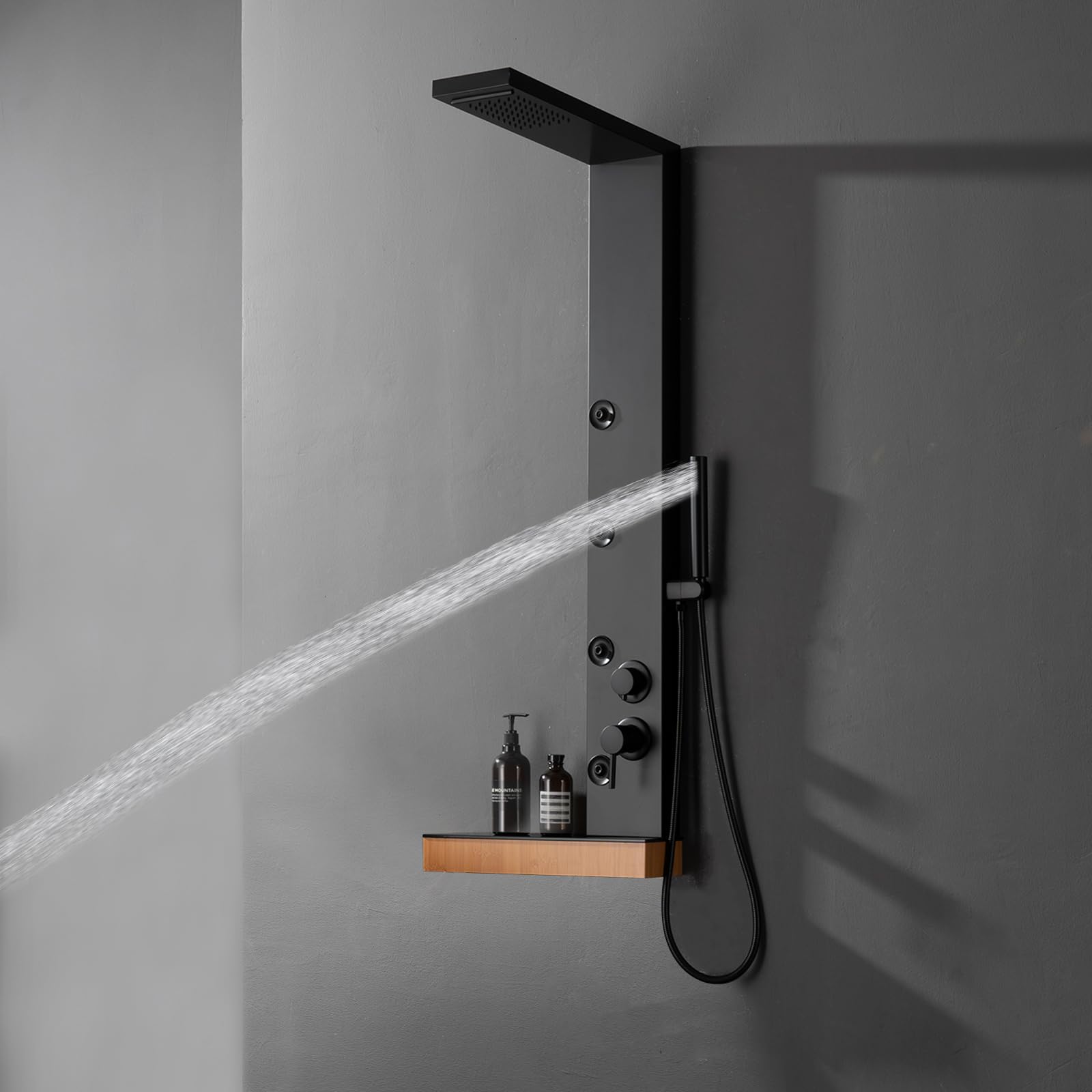 5-in-1 Stainless Steel Shower Panel System with Rainfall Shower Head, Waterfall & Body Jets - Matte Black Bathroom Fixture with Storage Shelf | Perfect for Spa-Like Experience & Modern Bathroom Upgrade