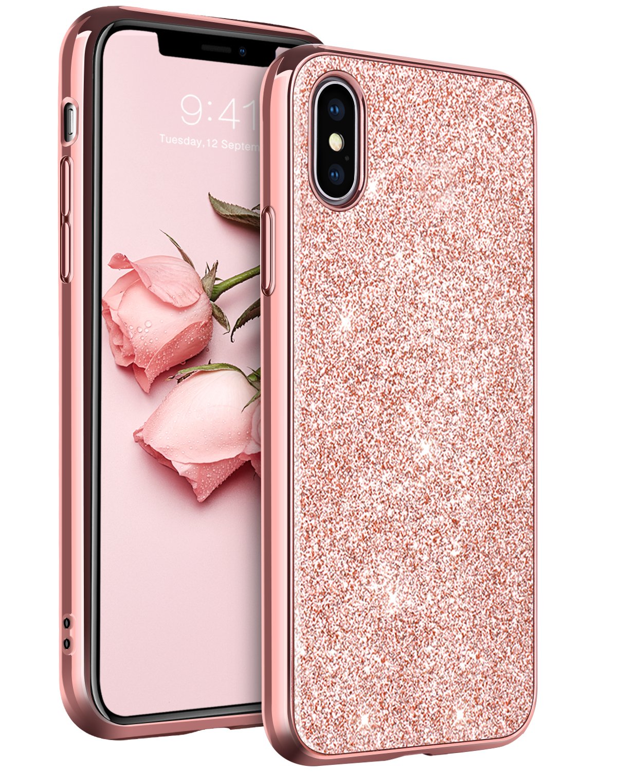 YINLAI iPhone Xs Case & iPhone X Case 5.8 Inch - Glitter Sparkle Slim Protective TPU Cover for Women (Rose Gold/Pink) | Shockproof Soft Phone Case for iPhone Xs (2018) & iPhone X (2017) | Perfect for Everyday Use, Parties & Gift Giving