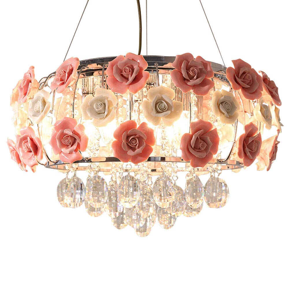 Romantic Pink Rose Flower Chandelier Crystal Pendant Light - Adjustable Ceiling Lamp with E12/E14 Base for Bedroom, Dining Room & Living Room - Perfect for Romantic Dinners, Wedding Decor & Home Ambiance Lighting