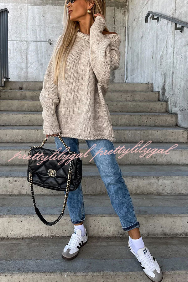 Casual Street Style Oversized Knit Sweater for Women - Cozy Loose Fit Wide Neck Pullover for Fall & Winter Fashion