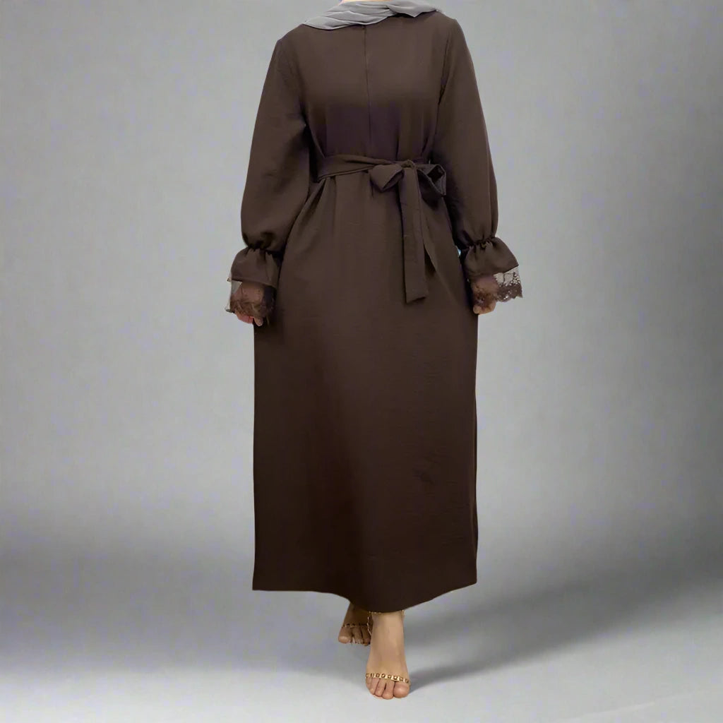 Elegant Lace Cuff Front Zipper Muslim Abaya Dress with Pockets - Modest Islamic Prayer Dress for Women | Perfect for Eid, Mosque & Special Occasions