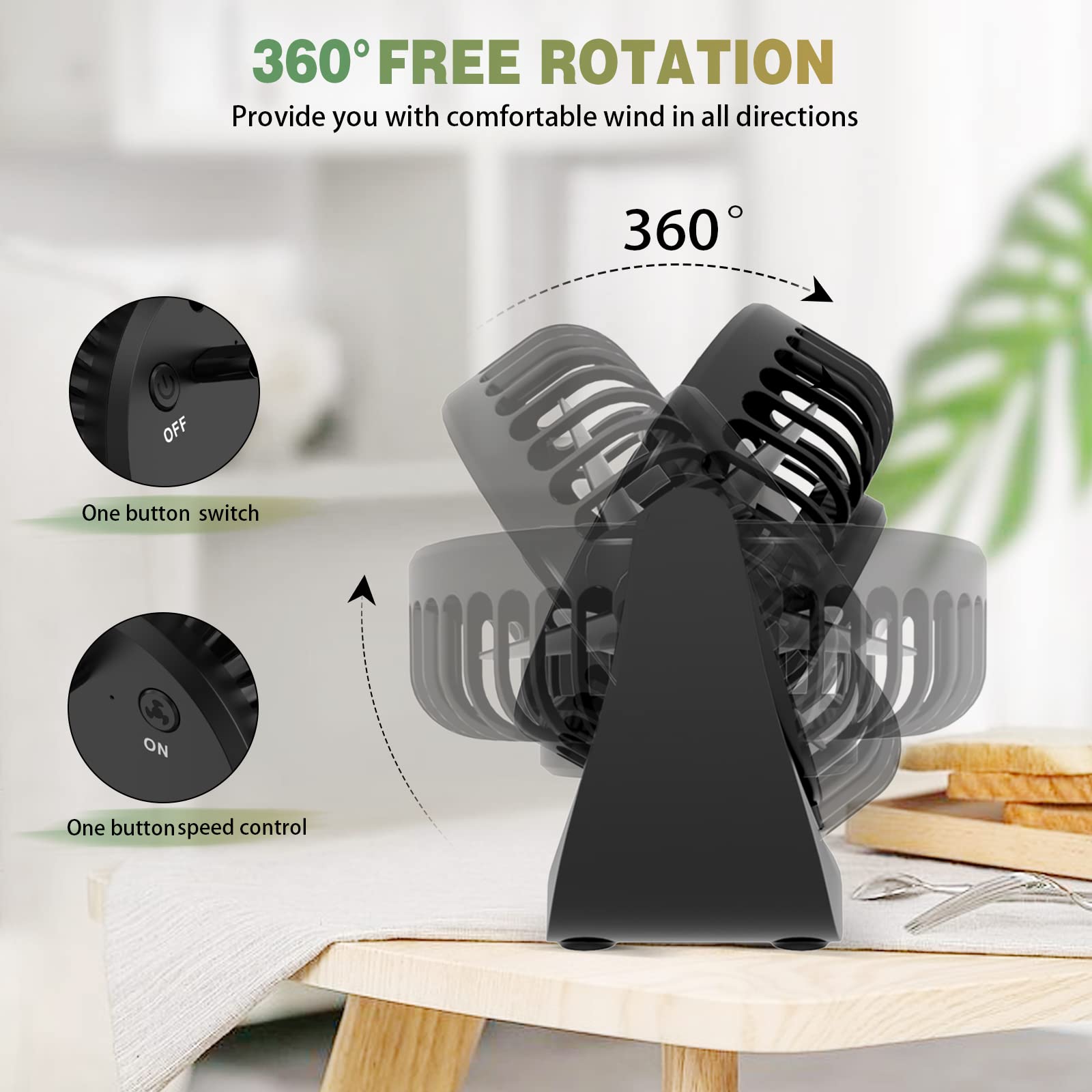 OcTecho USB Mini Desk Fan - Quiet Portable Small Fan with Strong Airflow, 5 Speed Settings & 360° Rotation - Perfect for Office, Home, Travel, Camping & Outdoor Use - Upgraded Version