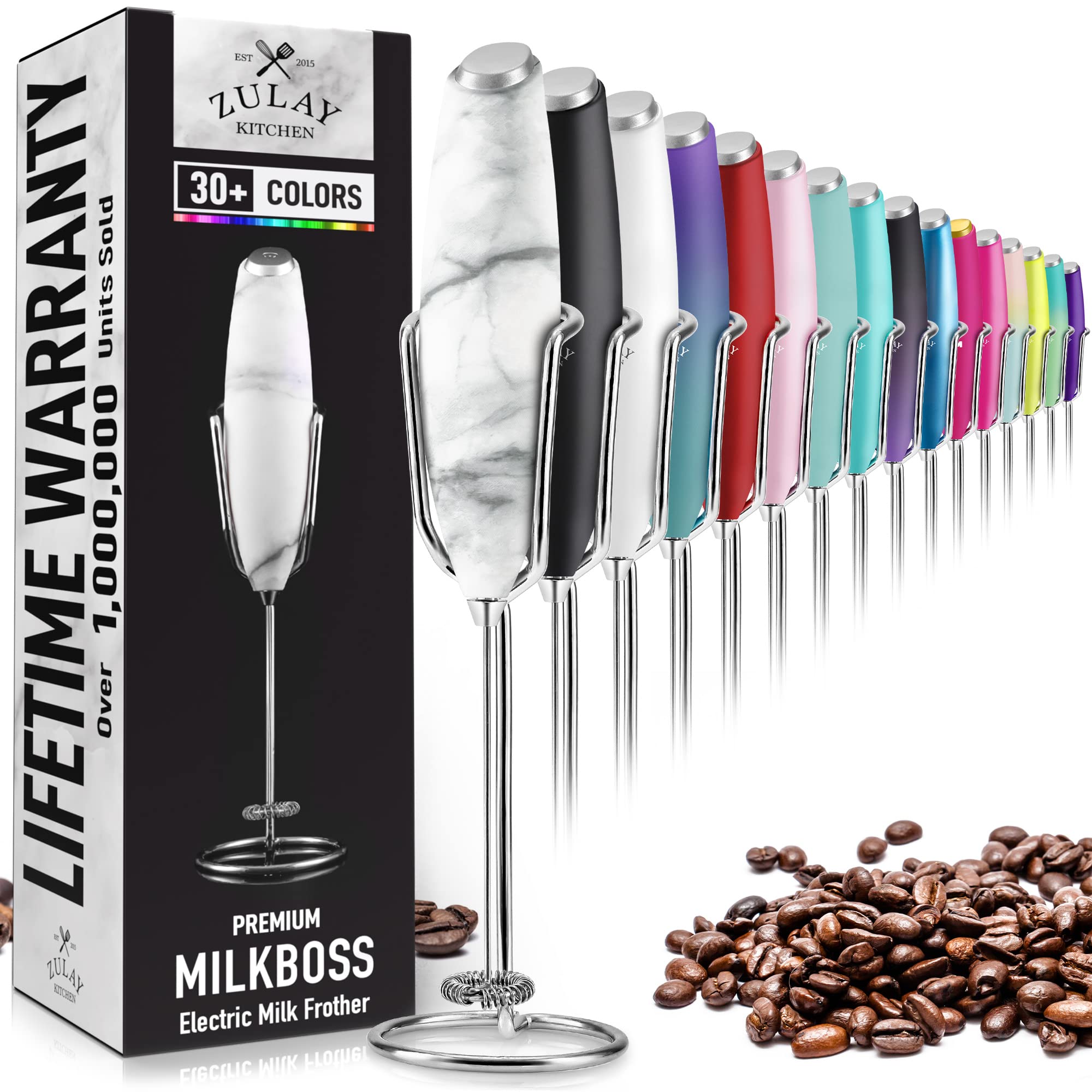 Premium Electric Milk Frother for Coffee & Lattes - High Speed Handheld Mixer with Stainless Steel Whisk & Upgraded Stand - Compact & Powerful Foam Maker for Cappuccino, Hot Chocolate & Matcha by Zulay (Marble) - Perfect for Home Baristas & Coffee Enthusiasts