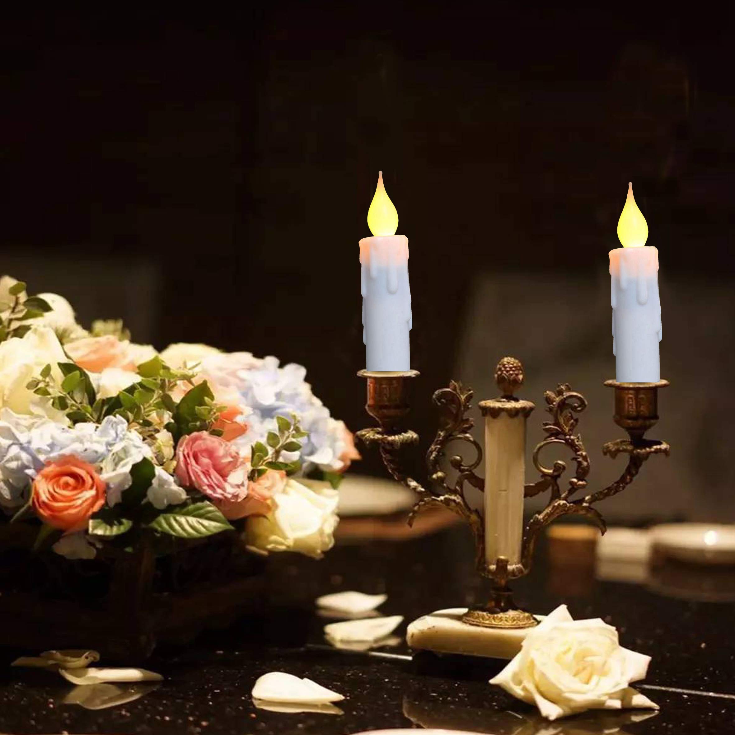 Battery Operated Flameless Taper Candles - 4.75 Inch White Short Candles with Realistic Flickering Flame & Timer - Safe LED Candlesticks for Fireplace, Christmas, Halloween, Wedding, and Home Decor
