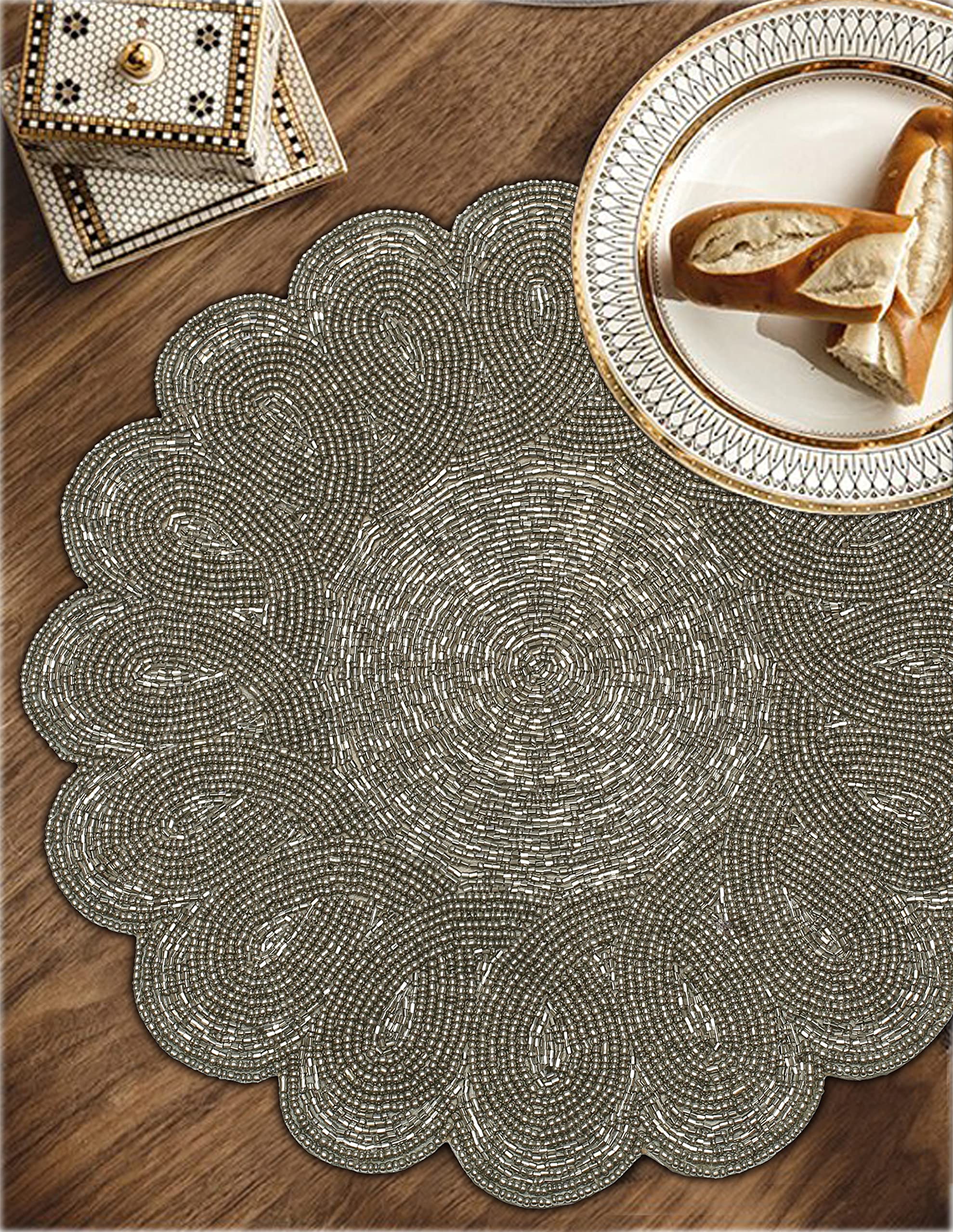 Lightnpro Beaded Charger - Round & Scalloped Christmas Placemat Set of 2 (13 Inch) for Holiday Table Decor, Dining Table Setting, and Festive Party Centerpiece