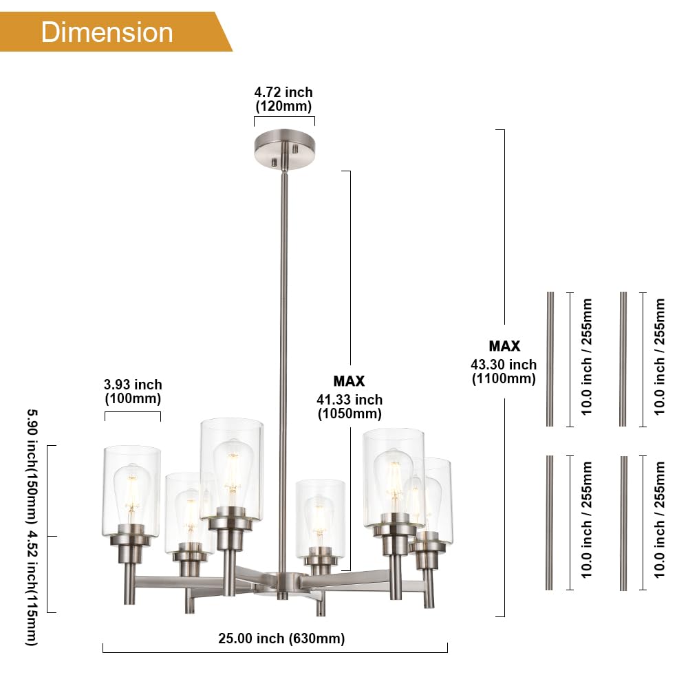 VINLUZ 6-Light Modern Chandelier with Brushed Nickel Finish & Clear Glass Shades - Contemporary Cylinder Pendant Lighting Fixture for Dining Room, Living Room, Kitchen | Perfect for Home Decor, Interior Design, and Ambient Lighting