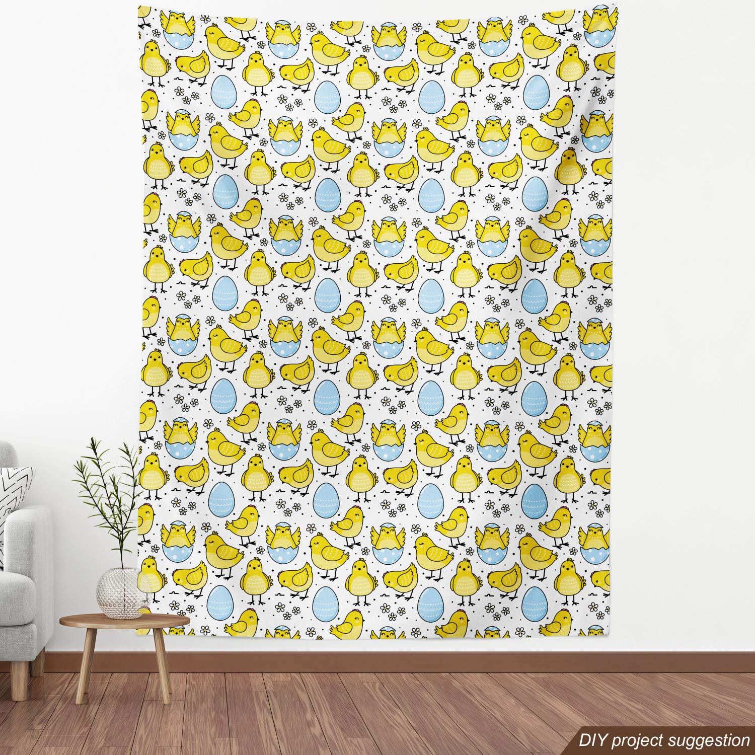 Ambesonne Farm Animal Fabric by The Yard - Chick and Cracked Easter Egg with Daisy Motifs, Yellow Pale Blue White Upholstery Fabric for Sofa, Curtains, Pillows (10 Yards) | Perfect for Spring Decor, Easter Home Accents & DIY Craft Projects