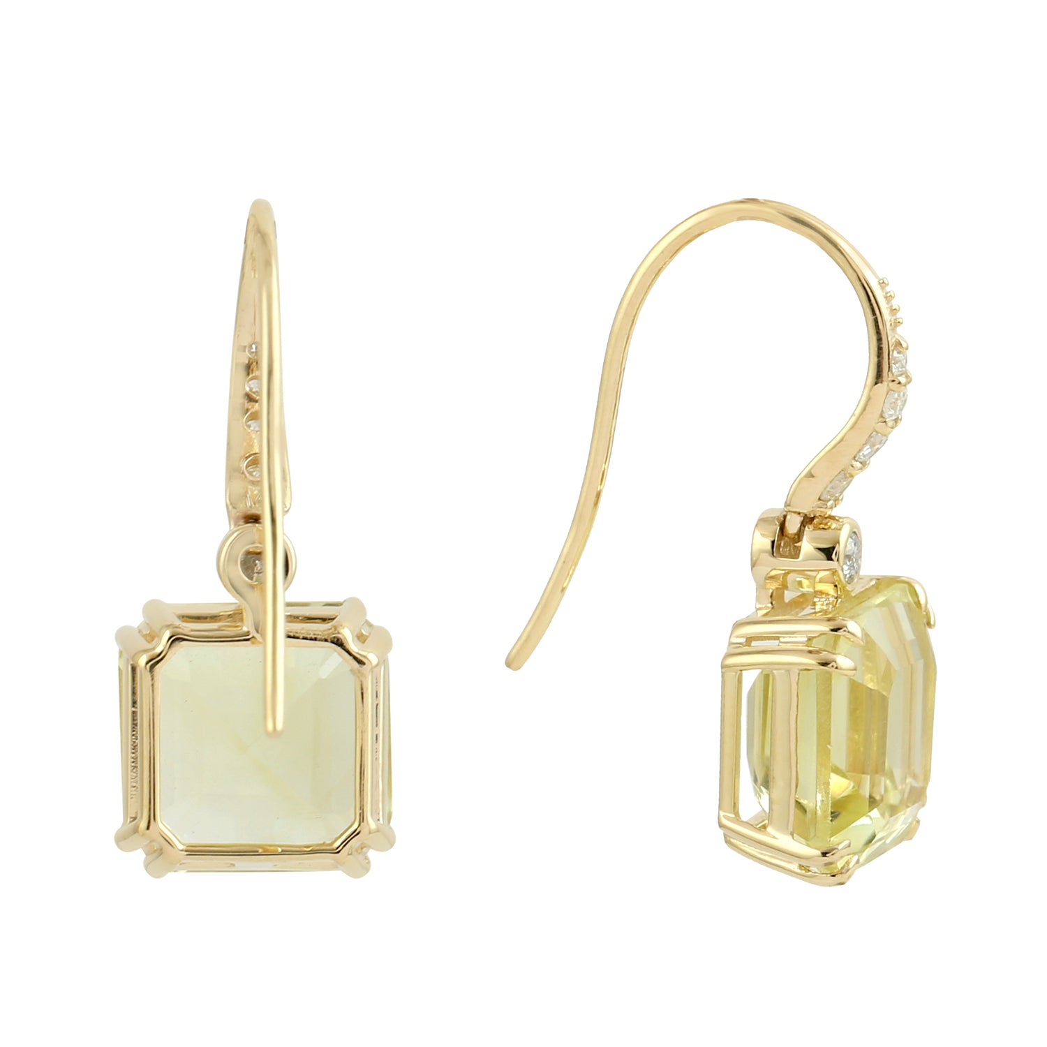 14K Yellow Gold Lemon Quartz Pave Diamond Ear Hook Earrings - Elegant Designer Jewelry for Women, Perfect for Weddings, Parties & Special Occasions