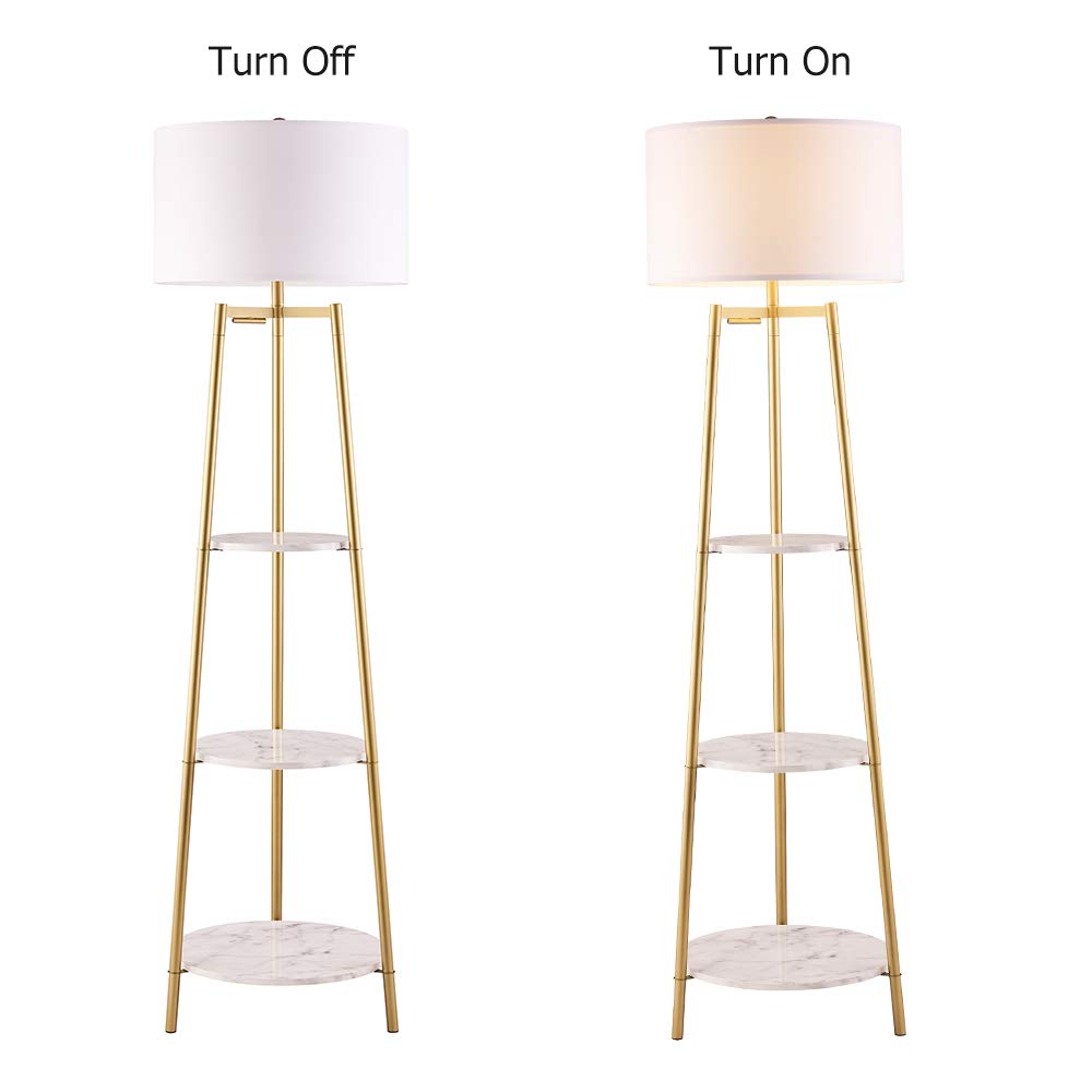 Modern Floor Lamp with Faux Marble Shelves & Fabric Shade - Adjustable Standing Reading Light, Tall Pole Accent Lighting for Living Room, Bedroom, Office - Perfect for Reading, Working & Home Decor
