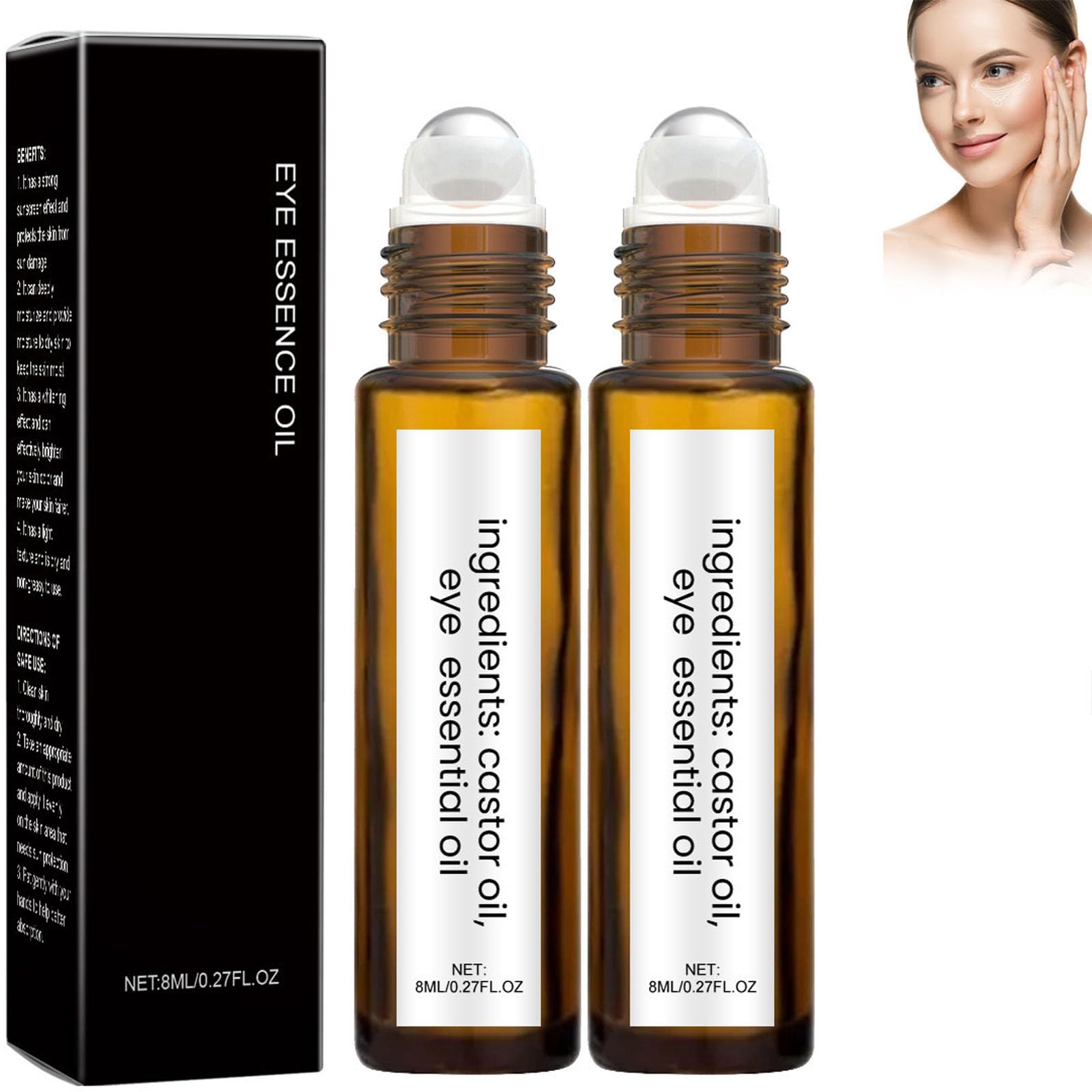 Organic Castor Oil Eye Roller for Dark Circles & Wrinkles - 2 Pack Under Eye Treatment Serum with Frankincense - Perfect for Nighttime Skincare & Travel