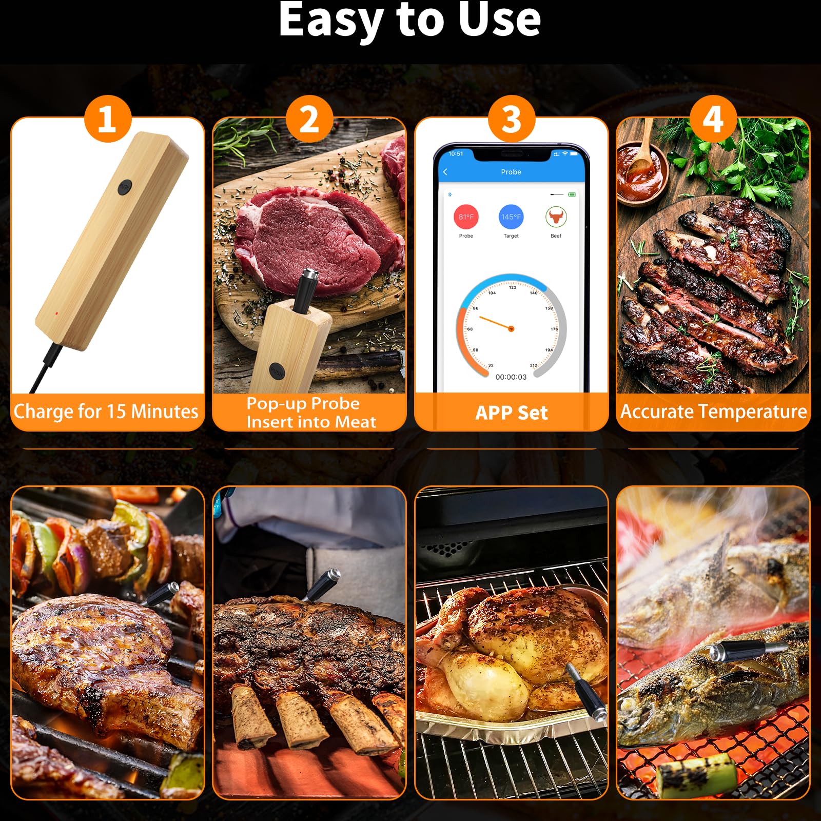 Smart Bluetooth Wireless Meat Thermometer for Grilling, Smoking & BBQ - 500FT Range Digital Cooking Thermometer with APP Control for Oven, Smoker, Stove, Rotisserie & Sous Vide | Perfect for Outdoor Cooking, Backyard Parties & Professional Chefs